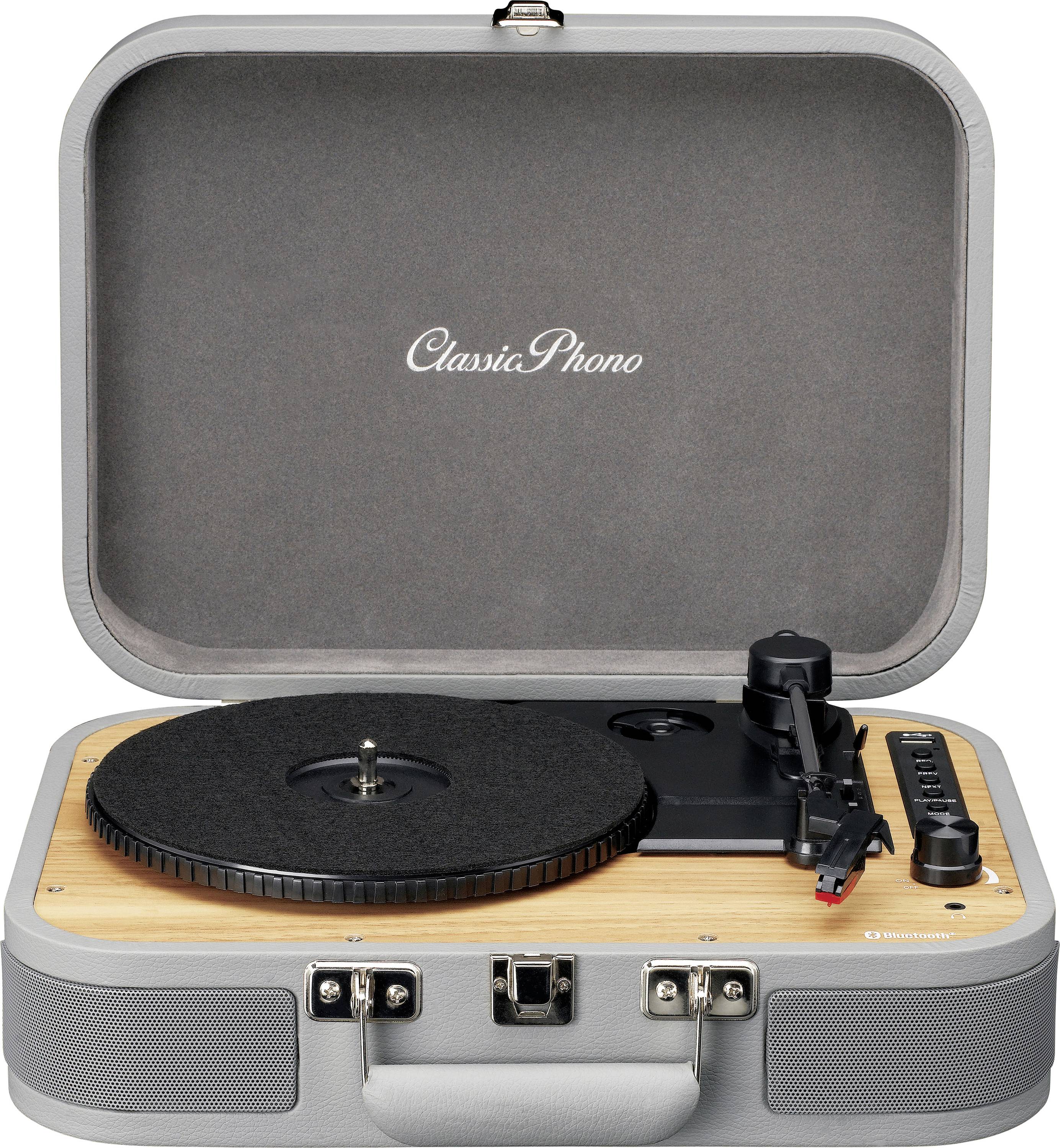 Une platine vinyle dans un étui gris ouvert. Le couvercle est marqué du texte 'ClassiaPhono'.