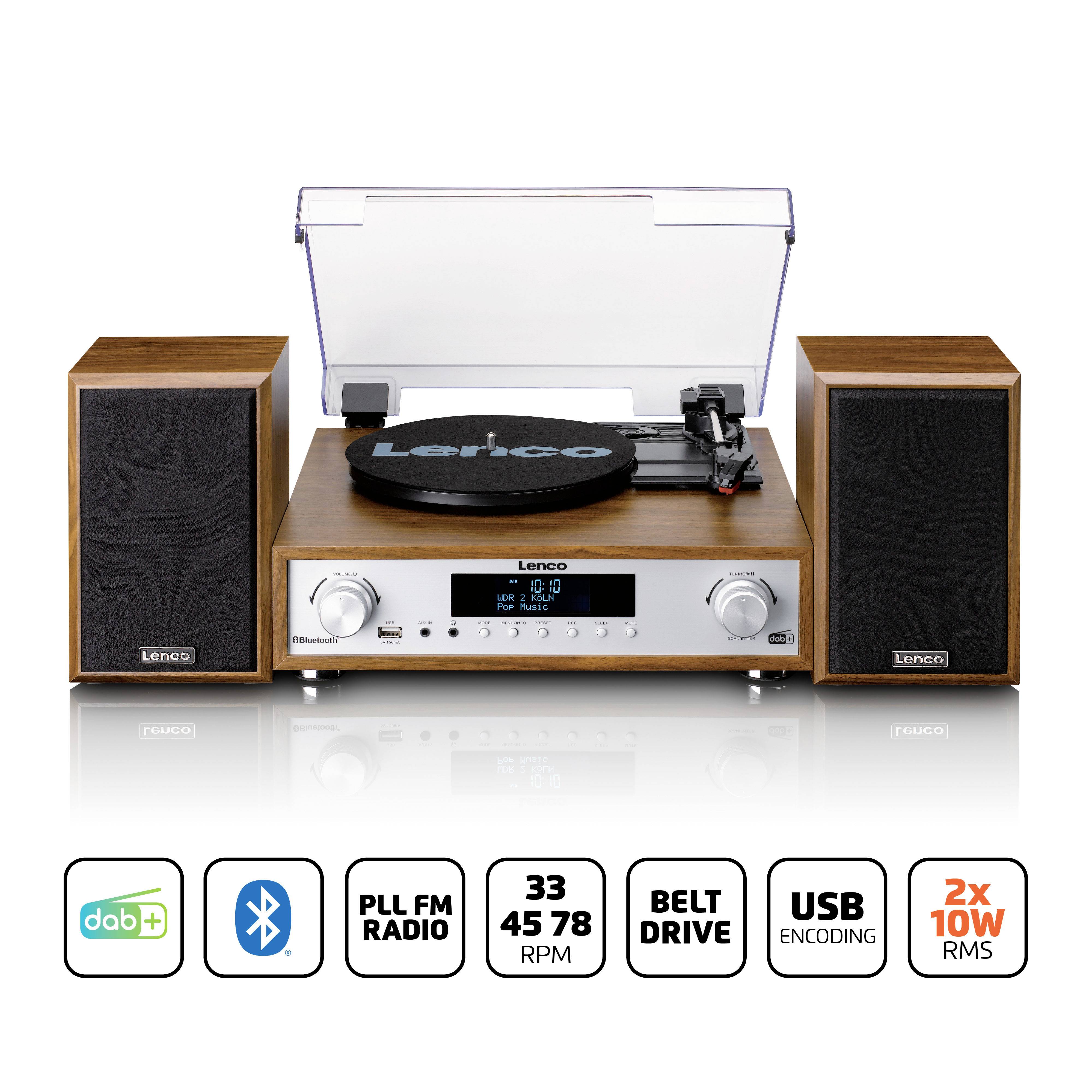 Système de tourne-disque en bois avec deux haut-parleurs, affichage numérique et commandes. Prend en charge VINYL, DAB+, Bluetooth, USB.