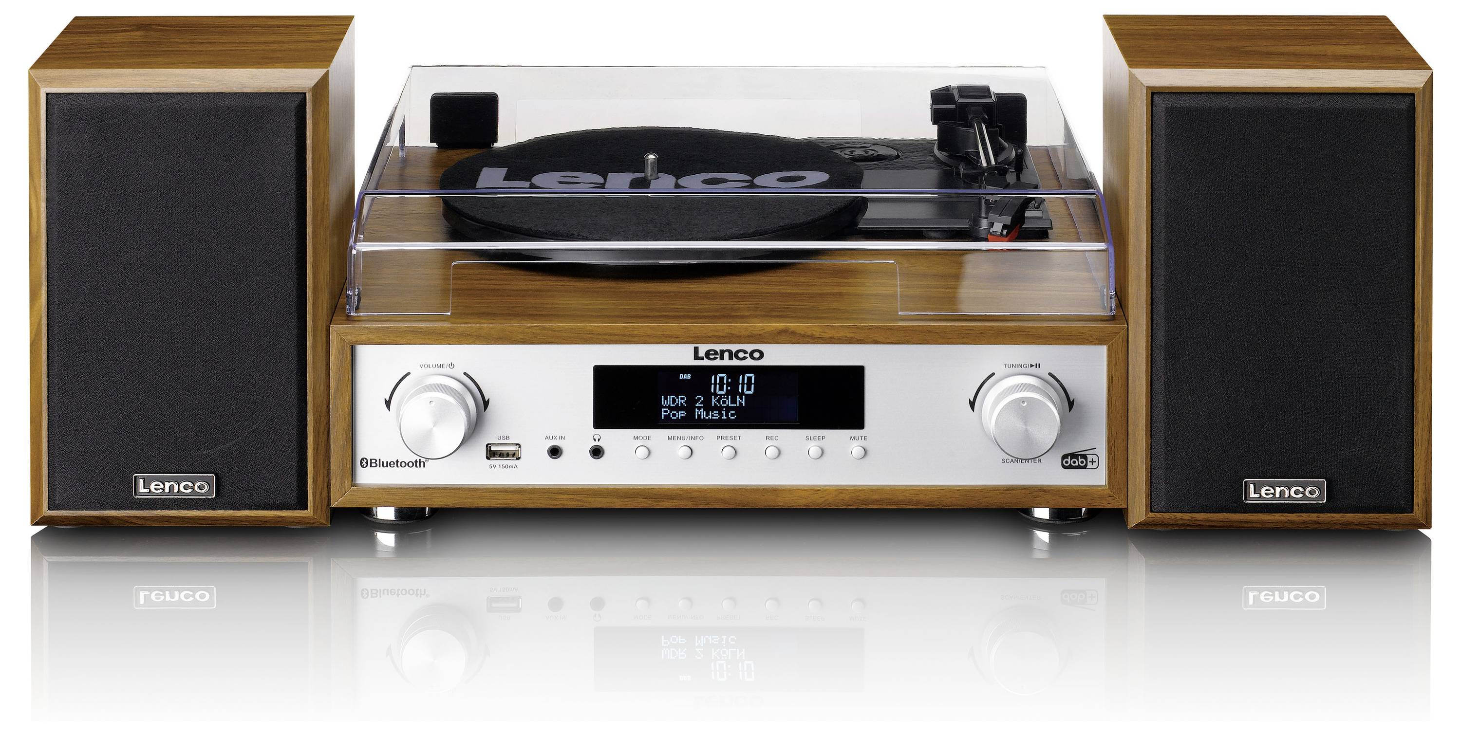 Platine tourne-disque en bois avec deux haut-parleurs, équipée du Bluetooth et d'un port USB. L'écran affiche 'No Music'.