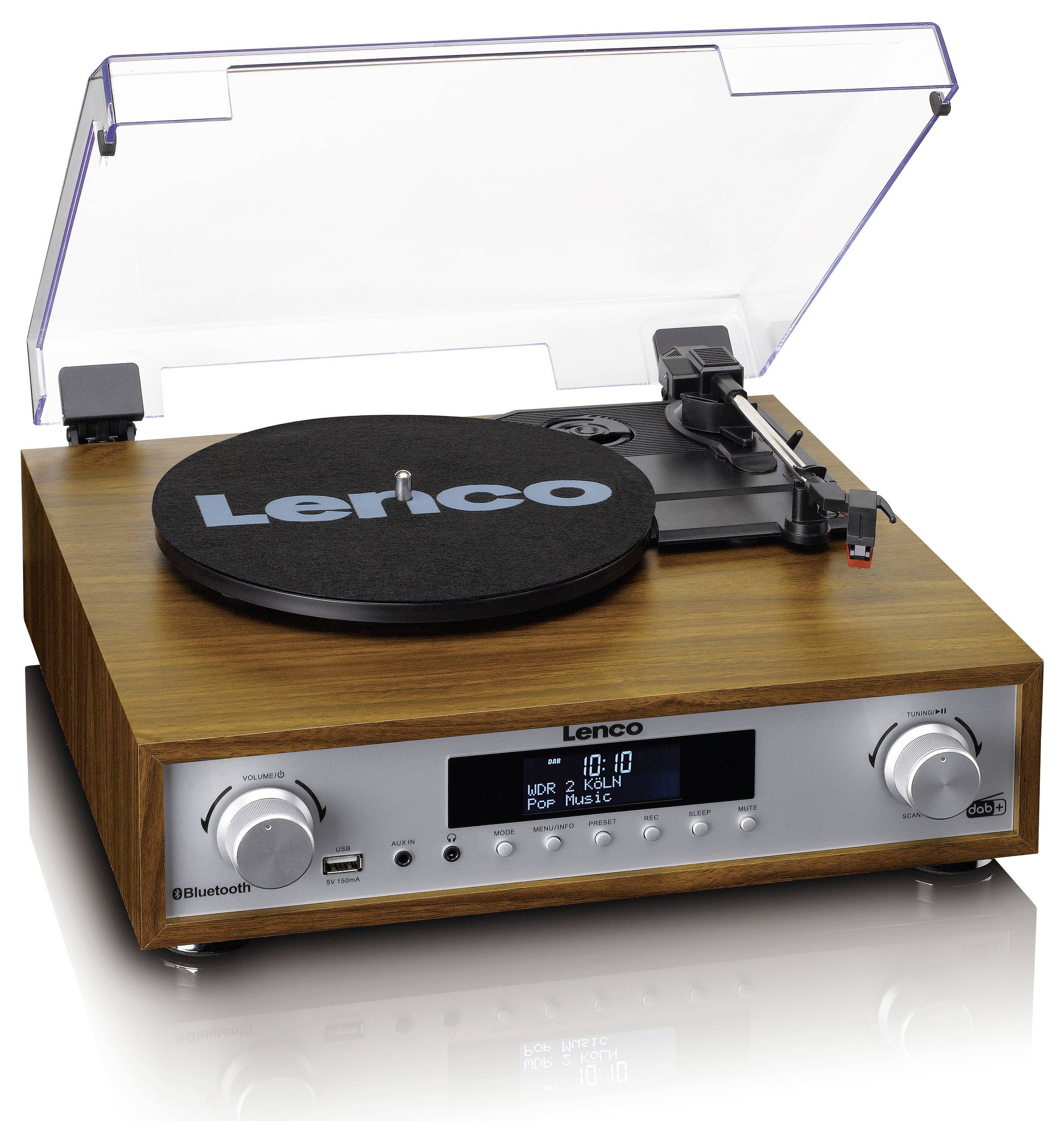 Tourne-disque avec boîtier en bois, couvercle ouvert et logo Lenco. Face avant équipée de boutons de réglage et d'un affichage. Dispose du Bluetooth.