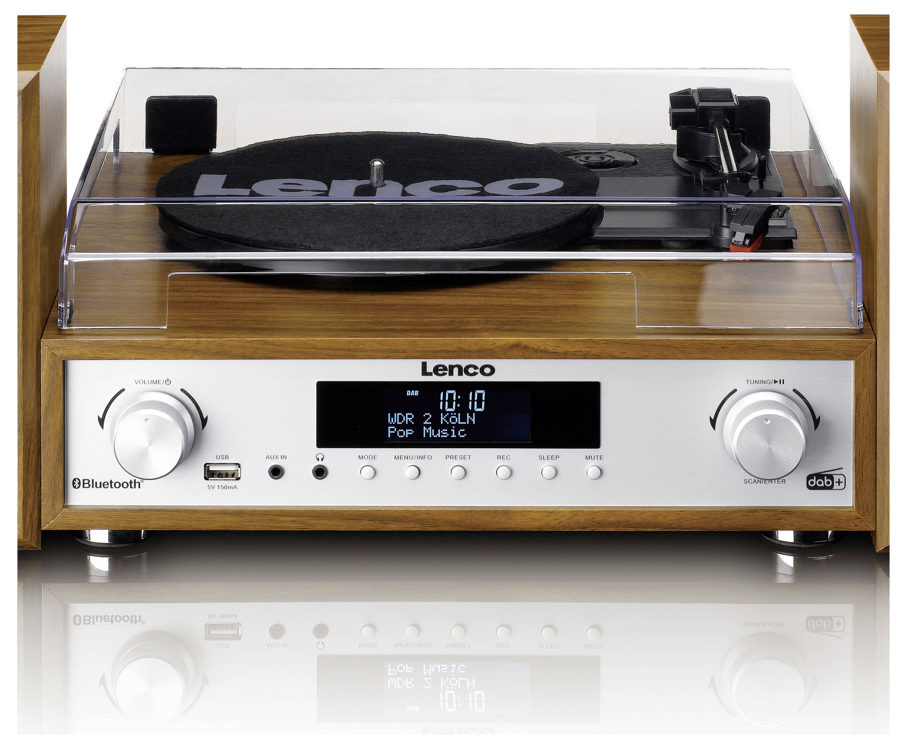 Un tourne-disque rétro en bois au design élégant. L'écran affiche l'heure 10:10 et la station de radio 'WDR 2 Köln'.