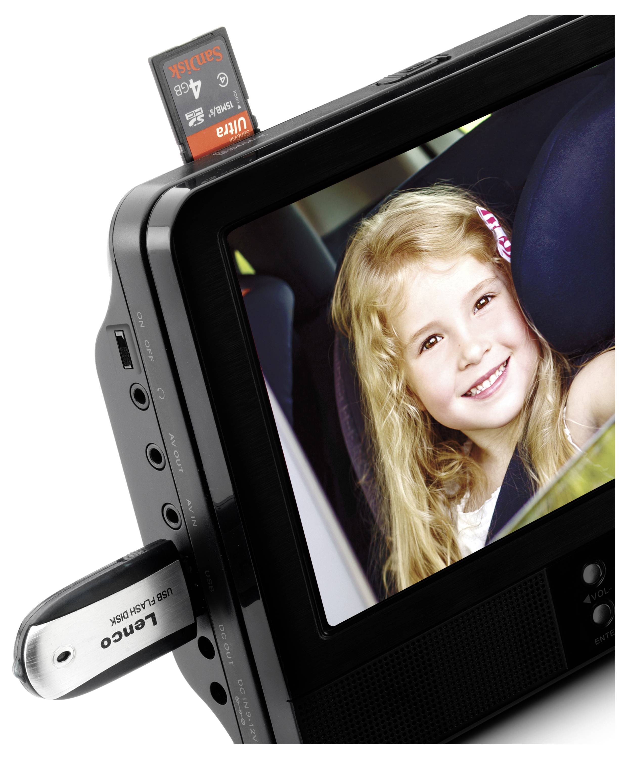 Un appareil électronique portable avec une clé USB et une carte SD. Sur l'écran, on peut voir un enfant souriant.