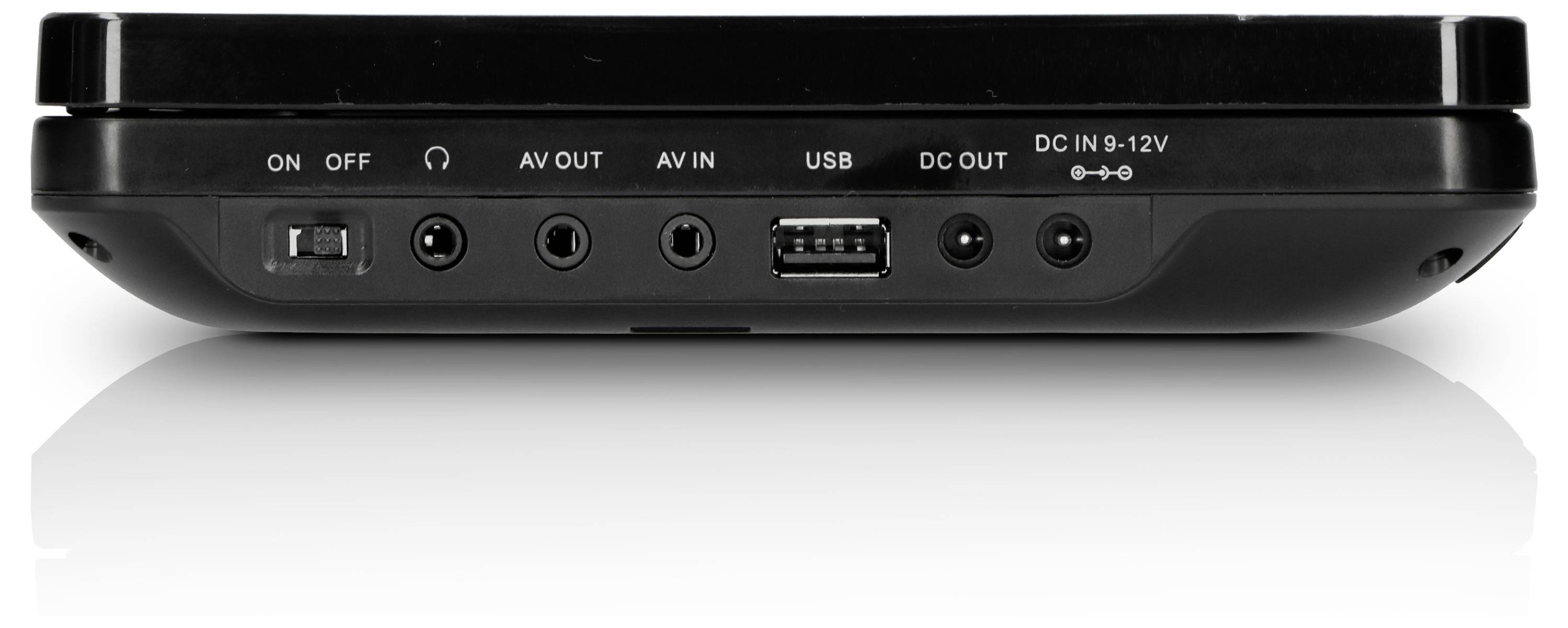 Un socle électronique noir avec plusieurs ports : interrupteur marche/arrêt, AV OUT, AV IN, USB, DC OUT, DC IN (9-12V).