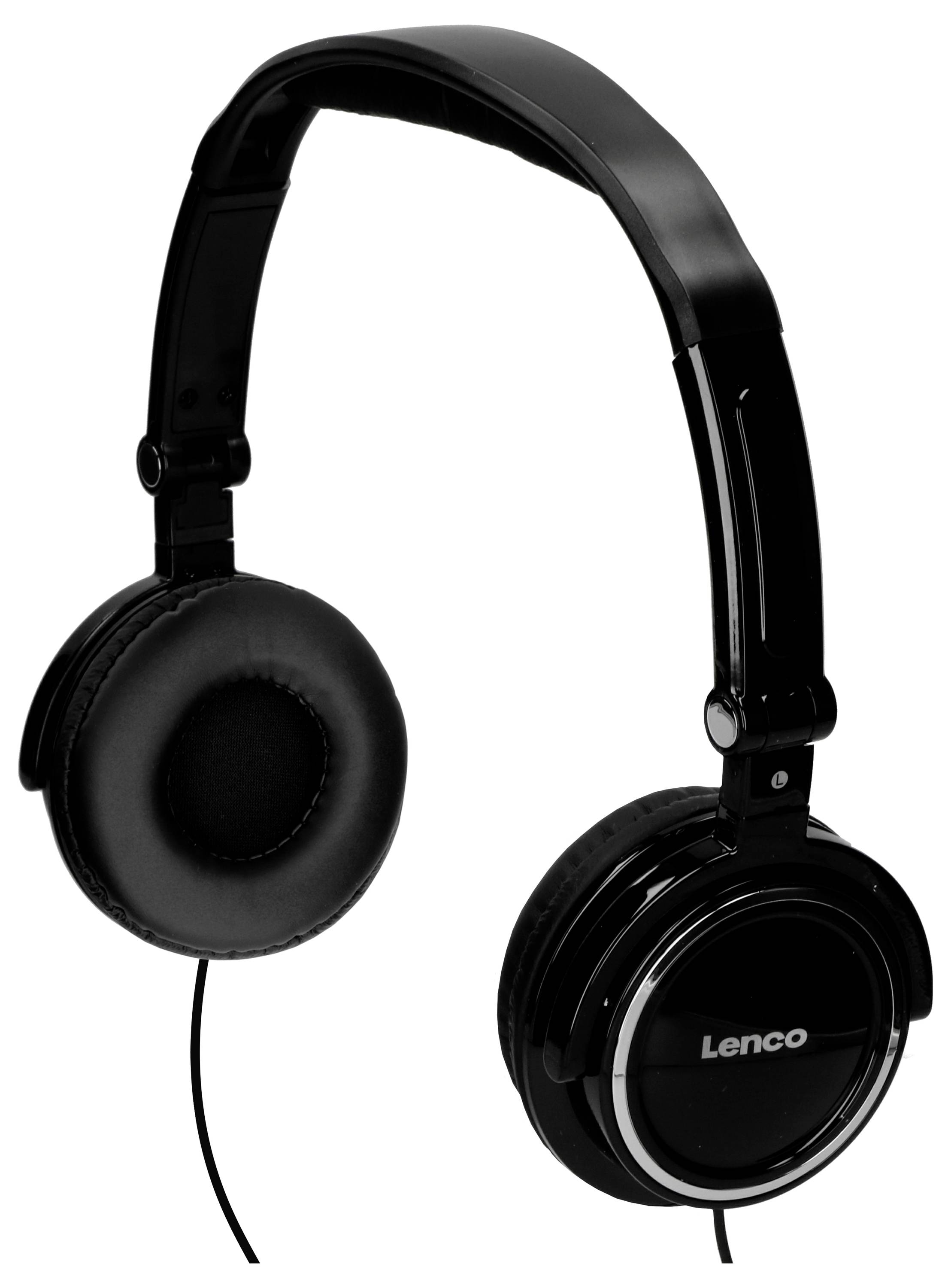 Casque noir supra-auriculaire de la marque Lenco, avec des coussinets d'oreille rembourrés et un arceau, reliés par un câble.