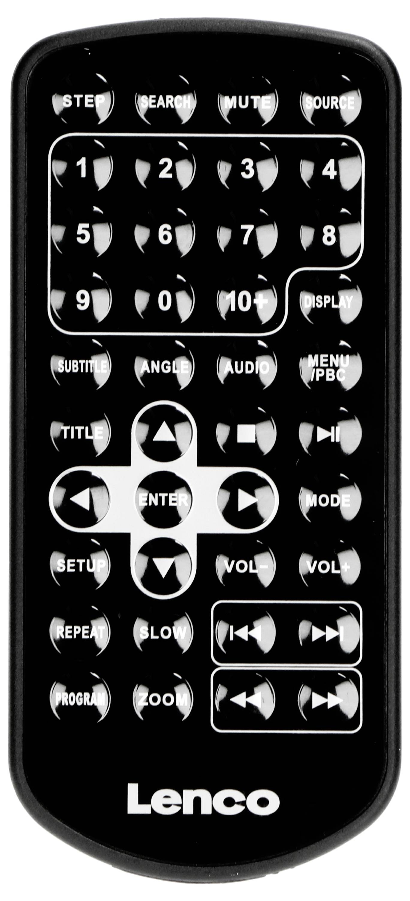 Télécommande noire avec touches blanches, chiffres 0-9, commandes de volume, lecture et menu. Logo 'Lenco' en bas de la télécommande.