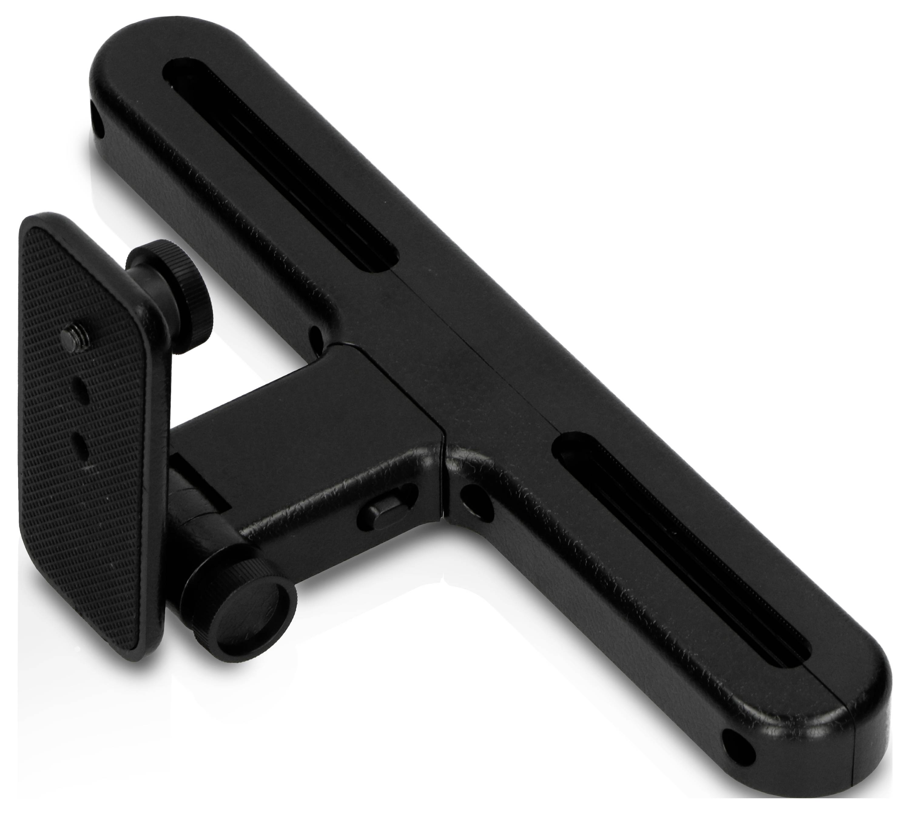 Support en métal noir, en forme de L, avec rail coulissant pour la fixation de divers appareils ou accessoires.