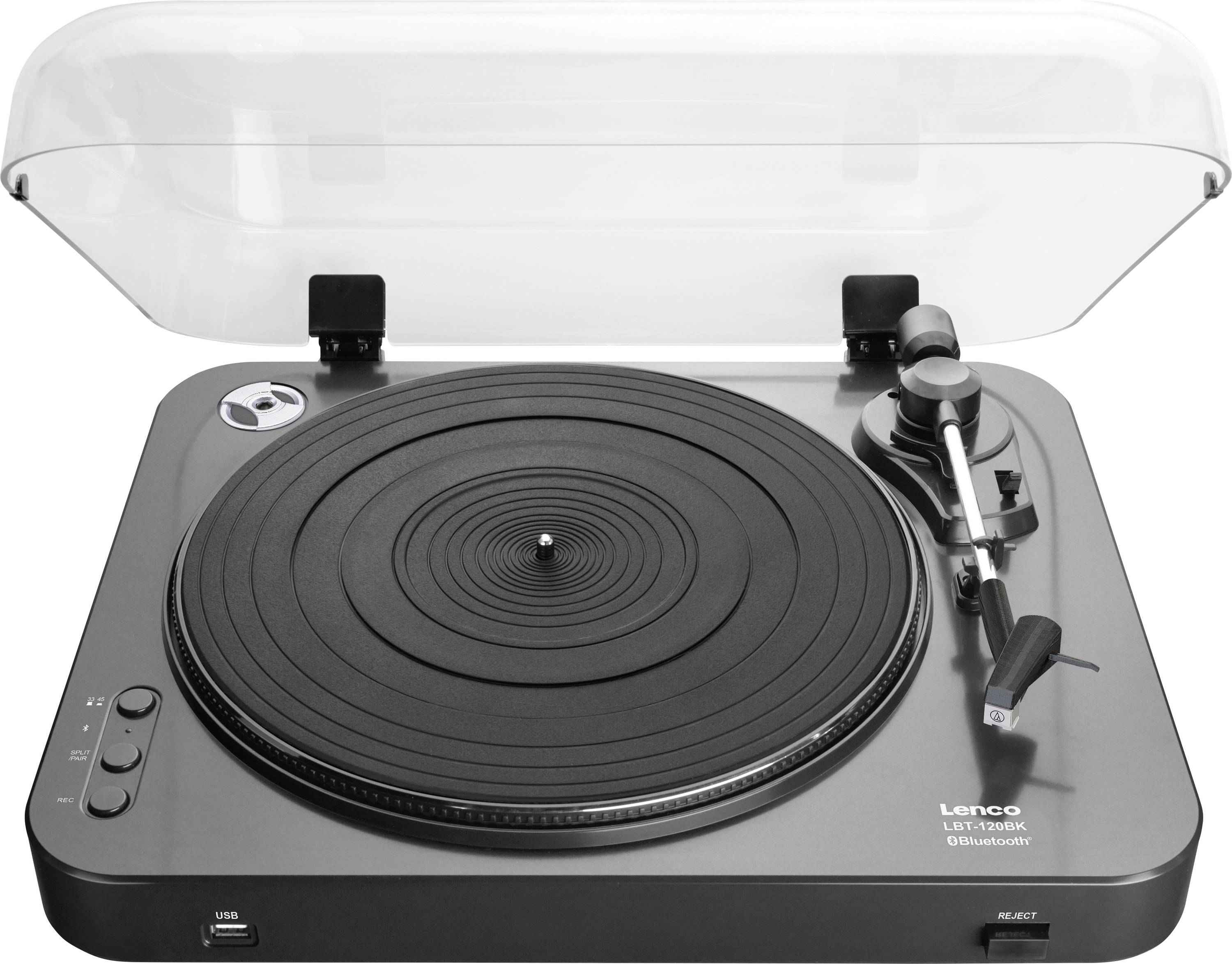 Une platine vinyle avec un couvercle transparent, un plateau noir et un bras de lecture à droite. Marquée « Lenco USB Turntable ».