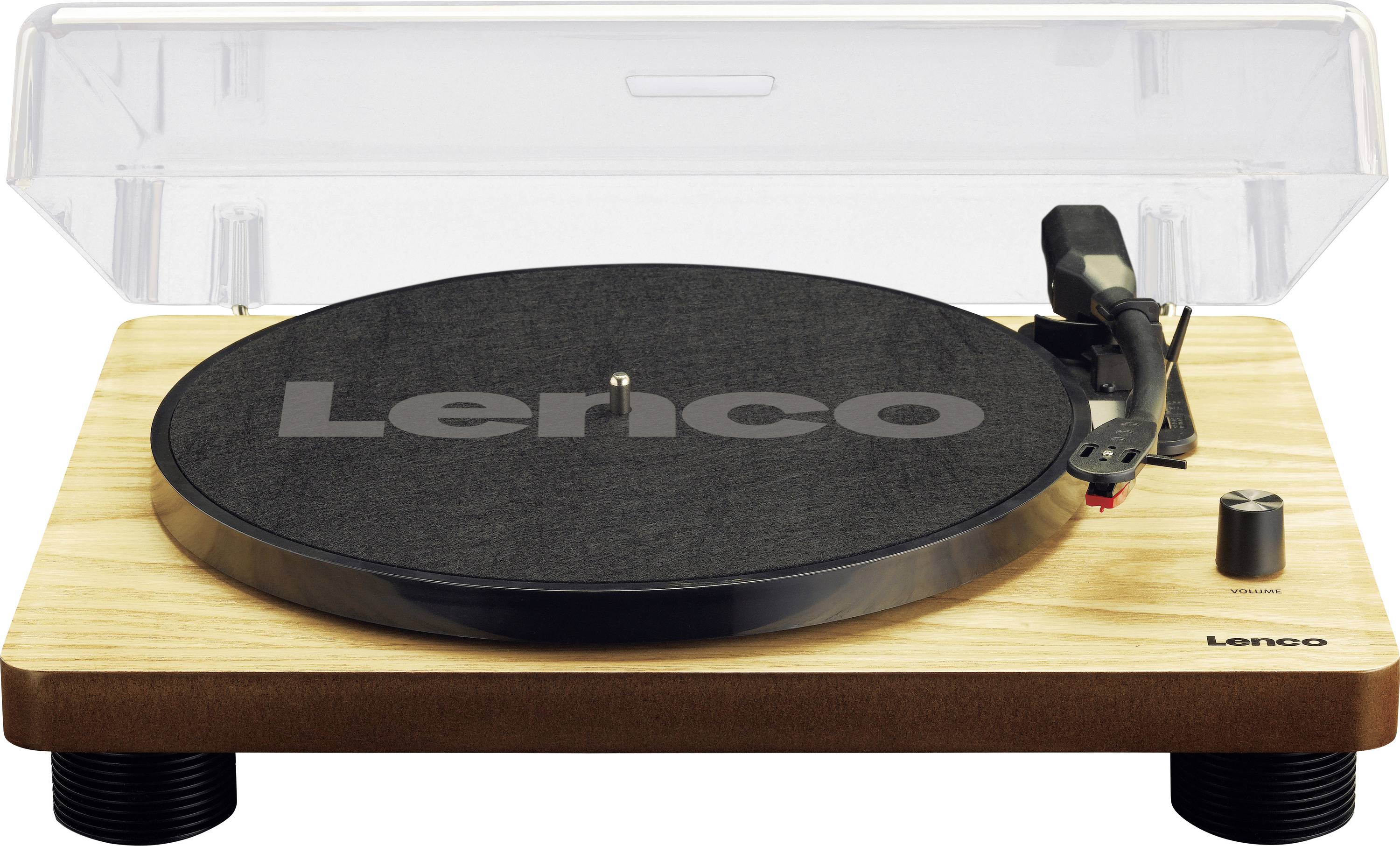 Un tourne-disque en bois avec un couvercle transparent et un plateau noir portant l'inscription 'Lenco'.