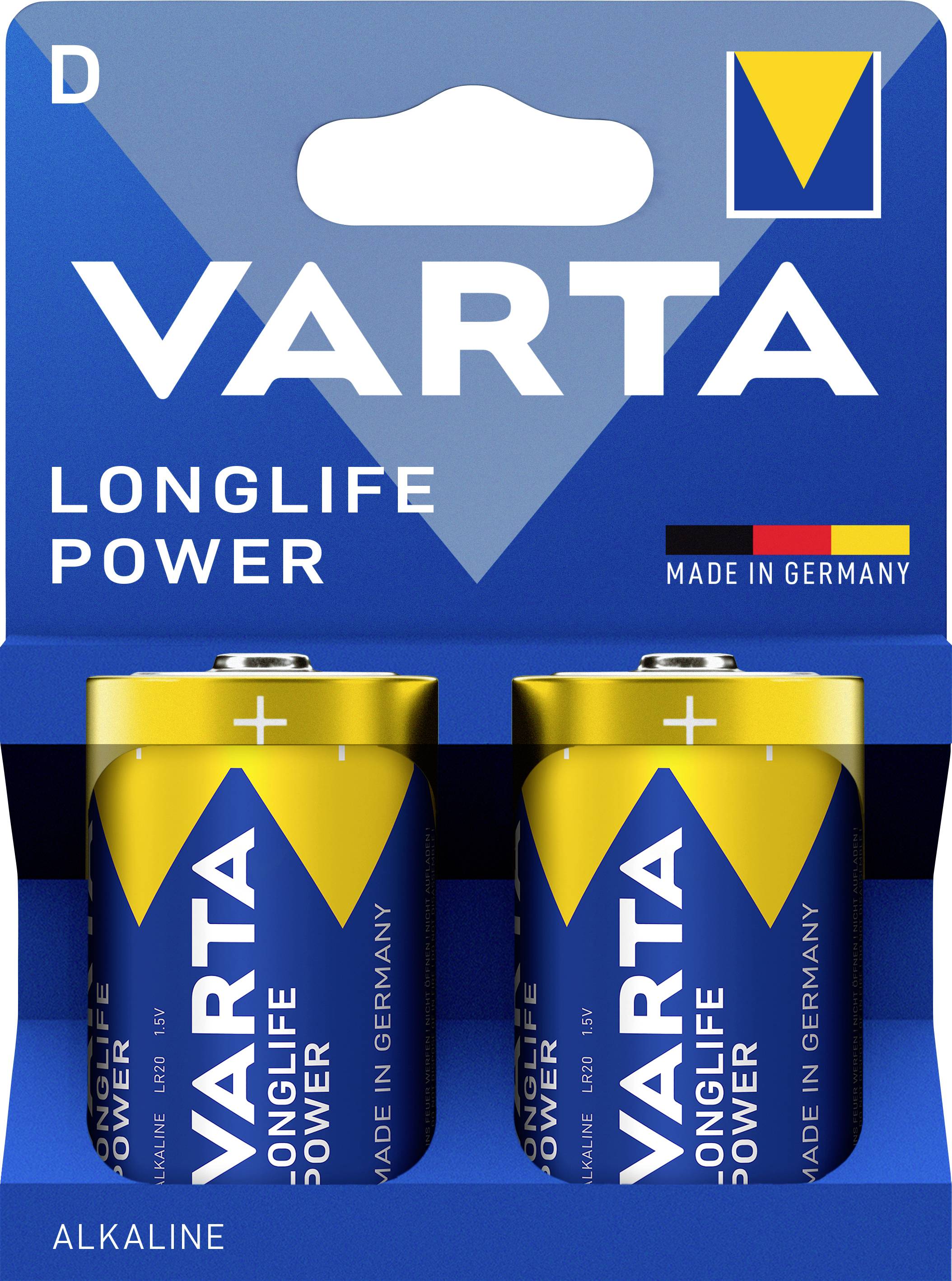 Piles 'VARTA Longlife Power', type D, lot de 2, Fabriquées en Allemagne, Alcalines, emballage bleu et jaune.