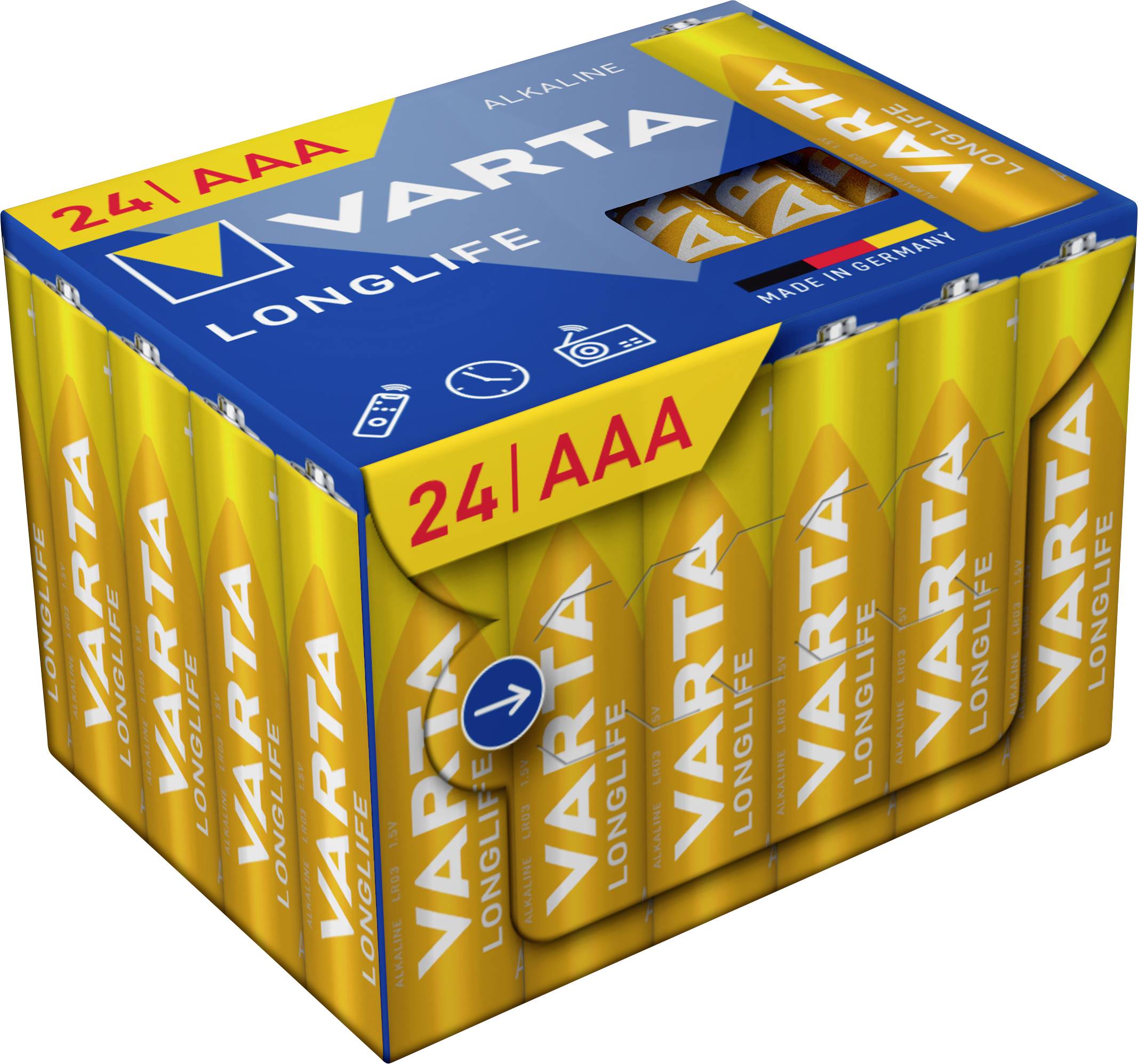 Boîte de 24 piles AAA Varta, modèle 'Longlife', en carton jaune. Indicateur de longue durée et de type alcaline.