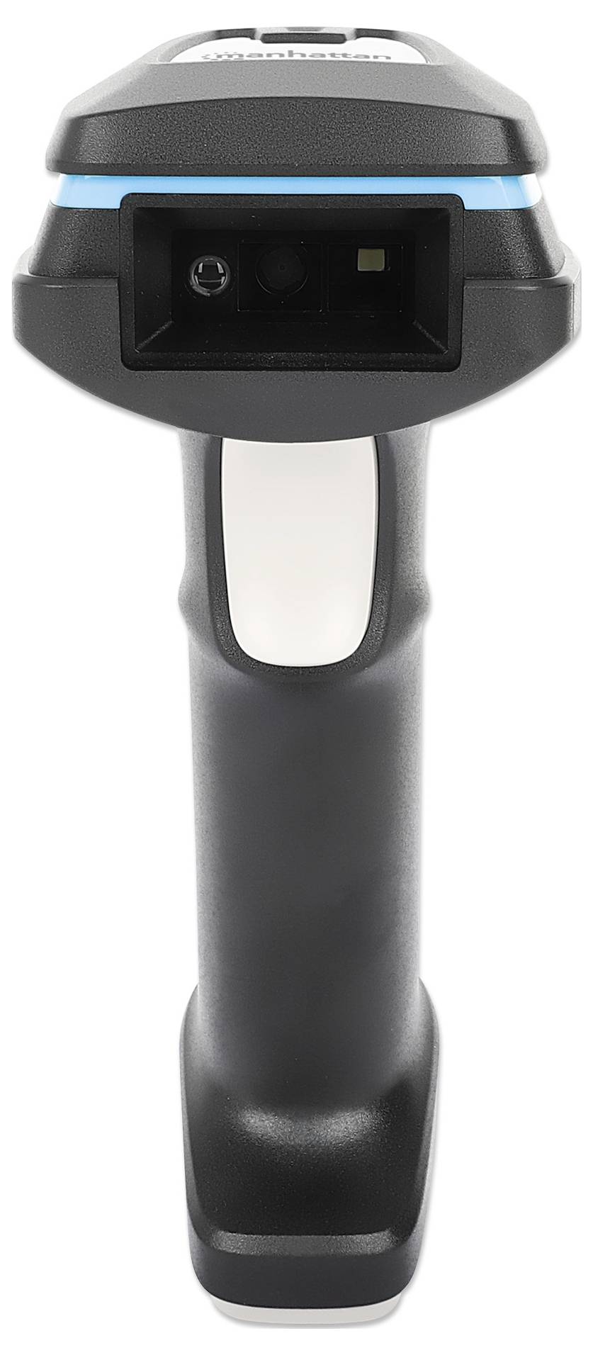 Un scanner portable noir avec une bande bleue, photographié de face. Idéal pour la lecture de codes-barres dans les environnements de stockage ou de vente au détail.
