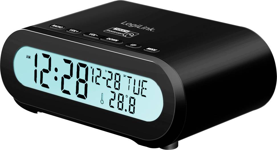 Un réveil numérique noir affiche l'heure 12:28 AM, la date 12-28 et une température de 28,8 degrés.