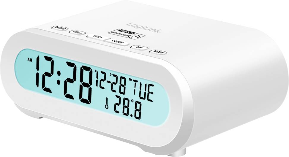 Réveil numérique avec écran rétroéclairé bleu affichant '12:28', date '12-28 TUE' et température '28,8°C'. Surface blanche.