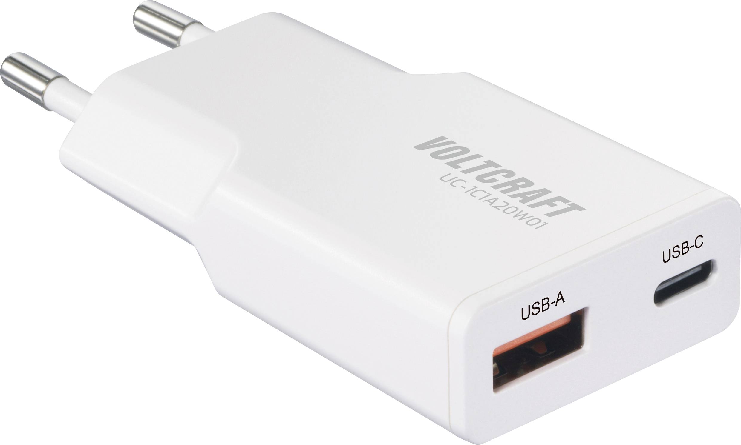 VOLTCRAFT UC-1C1A20W01 Chargeur USB 20 W 1x USB-A, 1x USB-C® Fast Charge, Power Delivery 3.0 blanc GaN