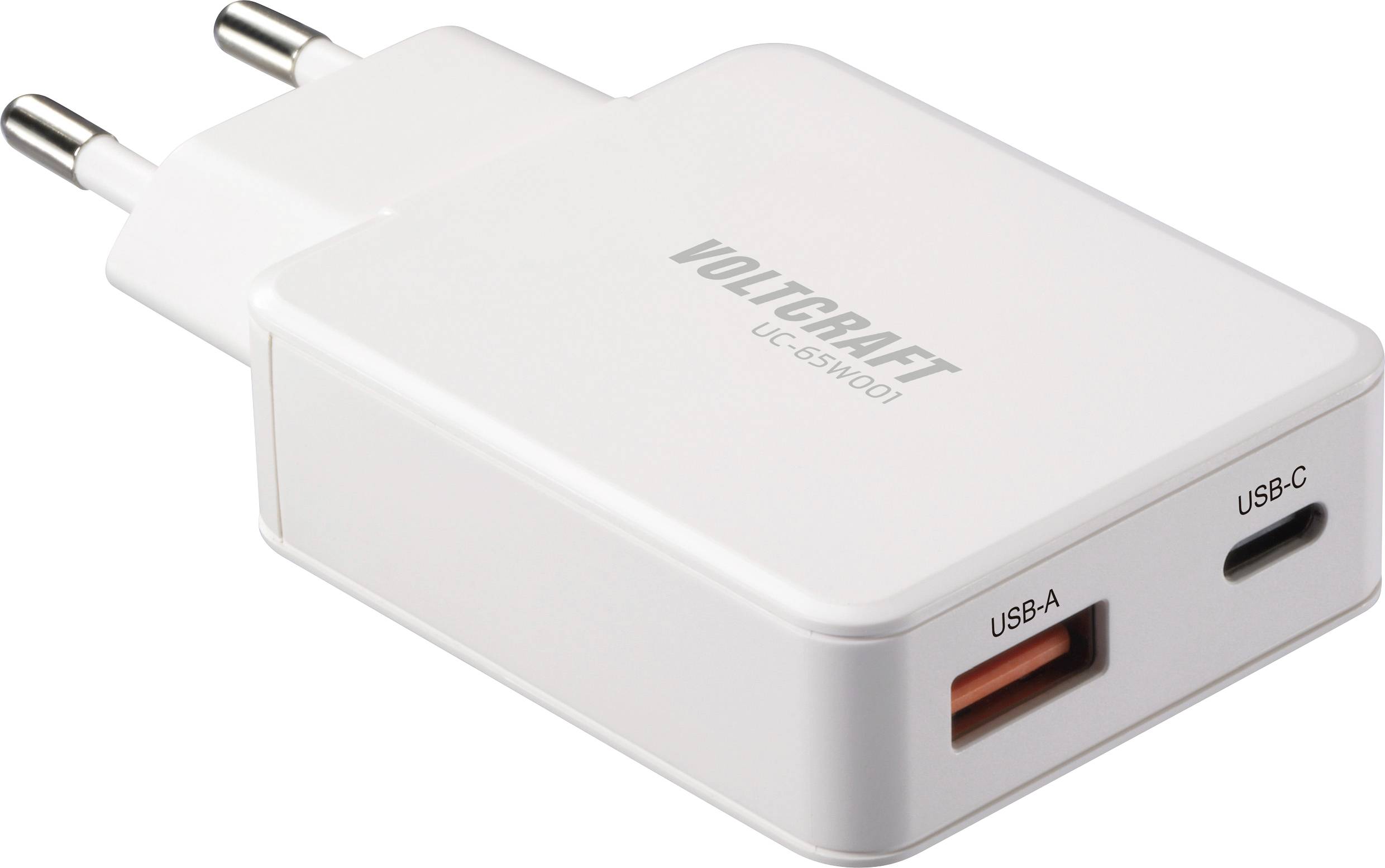 Chargeur mural 'VOLTCRAFT UC-25WQC1' avec un port USB-A et un port USB-C, adapté aux appareils électroniques, comprenant un adaptateur de prise européenne.
