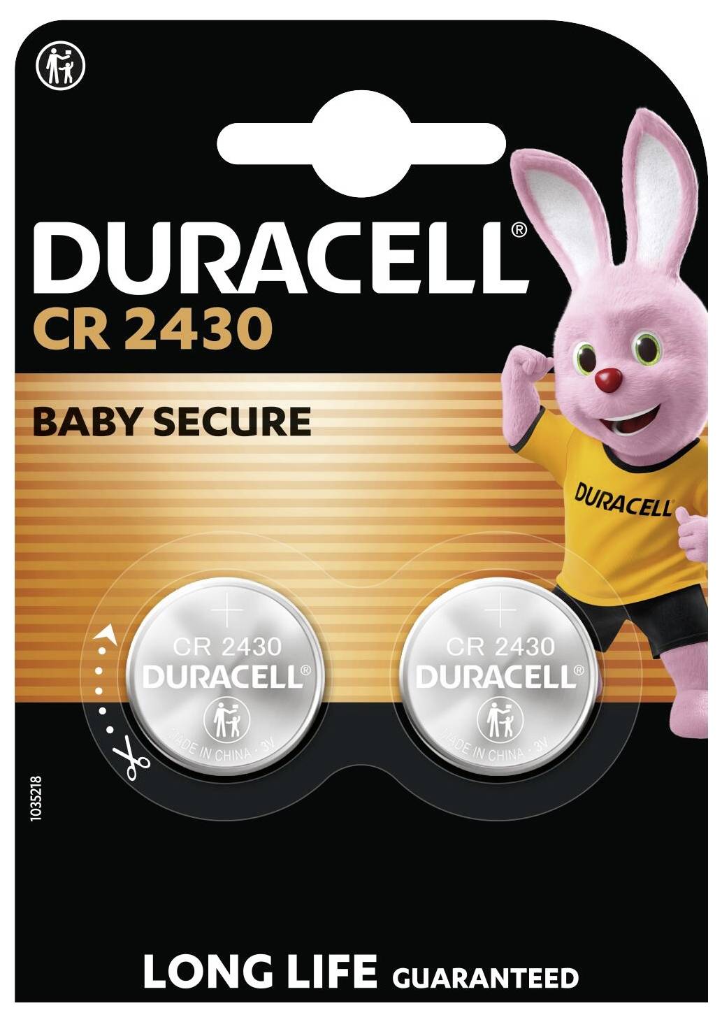 Paquet de deux piles Duracell CR 2430 étiquetées « Baby Secure », présentant un petit lapin rose vêtu d'un t-shirt Duracell.