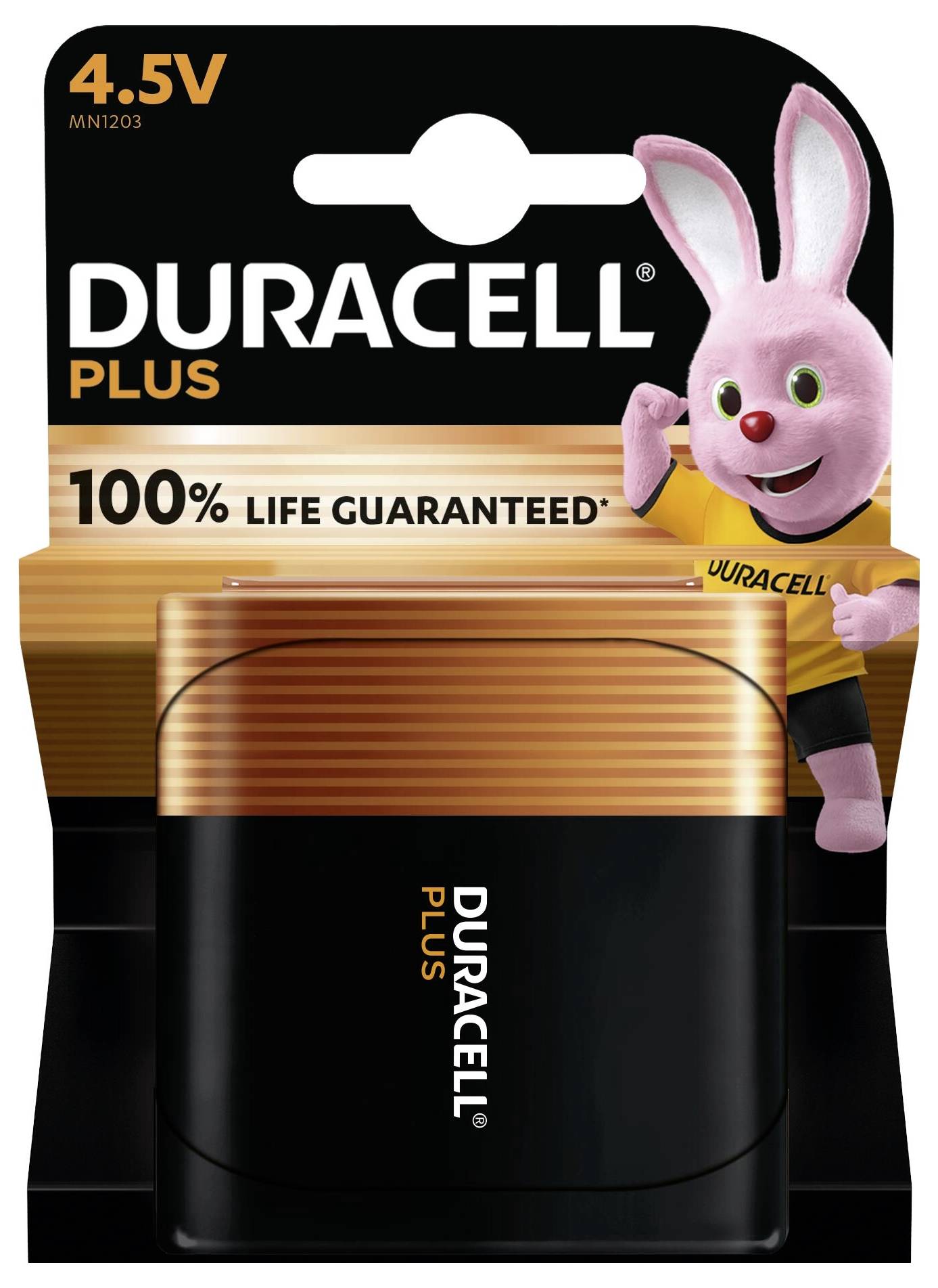 Un paquet de pile Duracell 4,5V mettant en vedette le Lapin Duracell, avec le texte « 100 % de durée de vie garantie », soulignant la fiabilité énergétique.