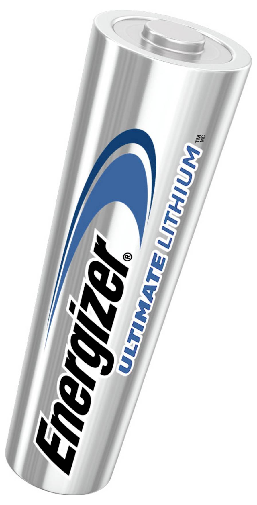 Une pile bouton argentée 'Energizer Ultimate Lithium', de forme cylindrique, avec un logo bleu et noir, légèrement photographiée en biais.