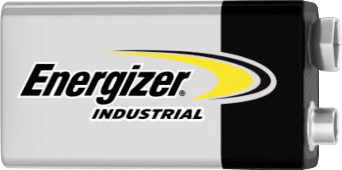 Pile au format rectangulaire portant l'inscription « Energizer Industrial » et présentant un arc jaune dans son design.