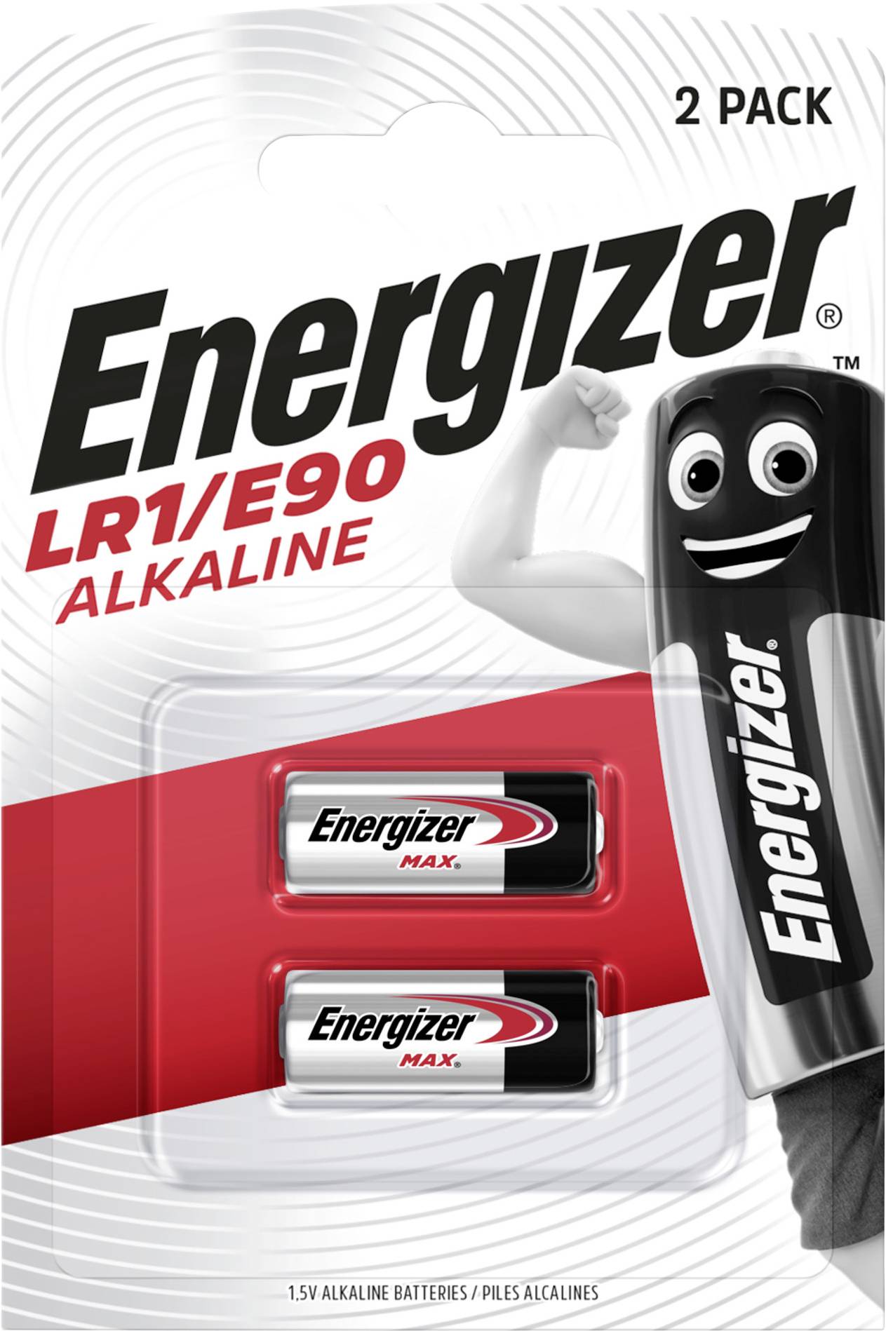 Pile alcaline Energizer LR1/E90 en paquet de deux. L'emballage présente une figure de batterie stylisée avec un bras musclé.
