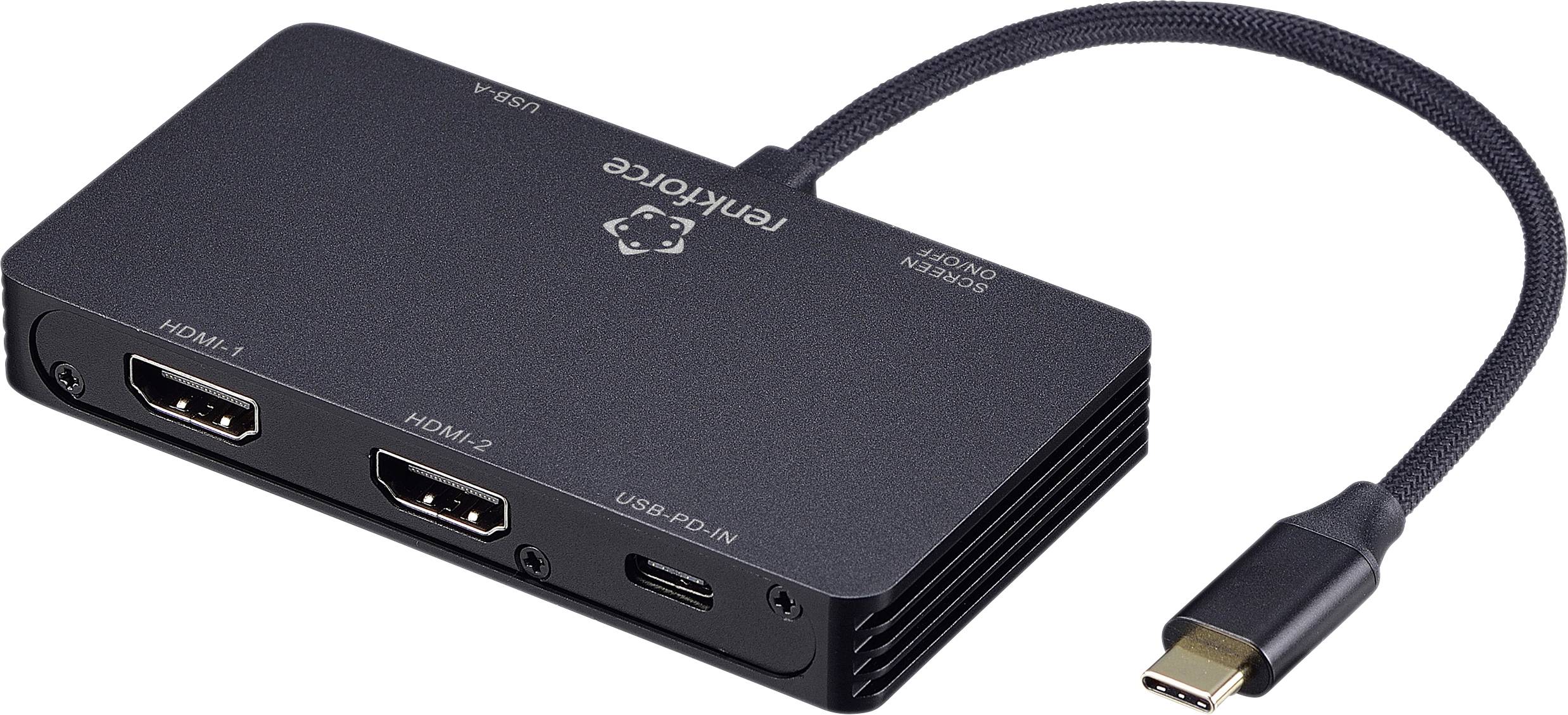 Un hub USB-C doté de deux ports HDMI, un port USB-C et un câble court attaché. Le nom de la marque est visible sur la surface de l'appareil.