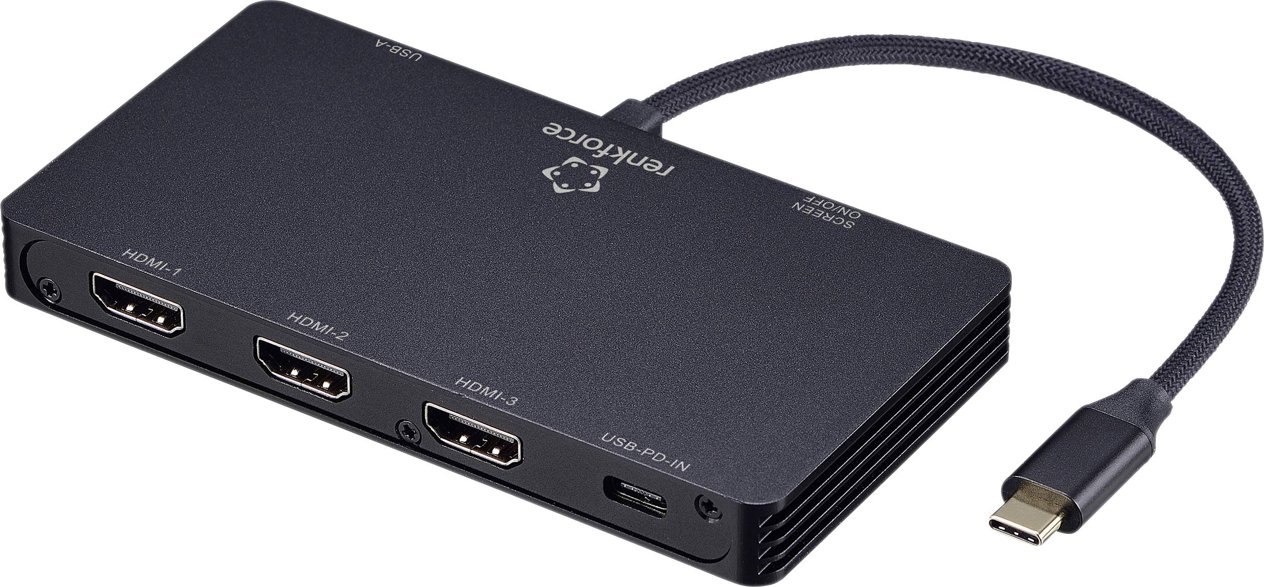 Un hub noir doté d'un port USB-C, d'un port USB-A et de trois ports HDMI. La marque est visible sur sa surface.