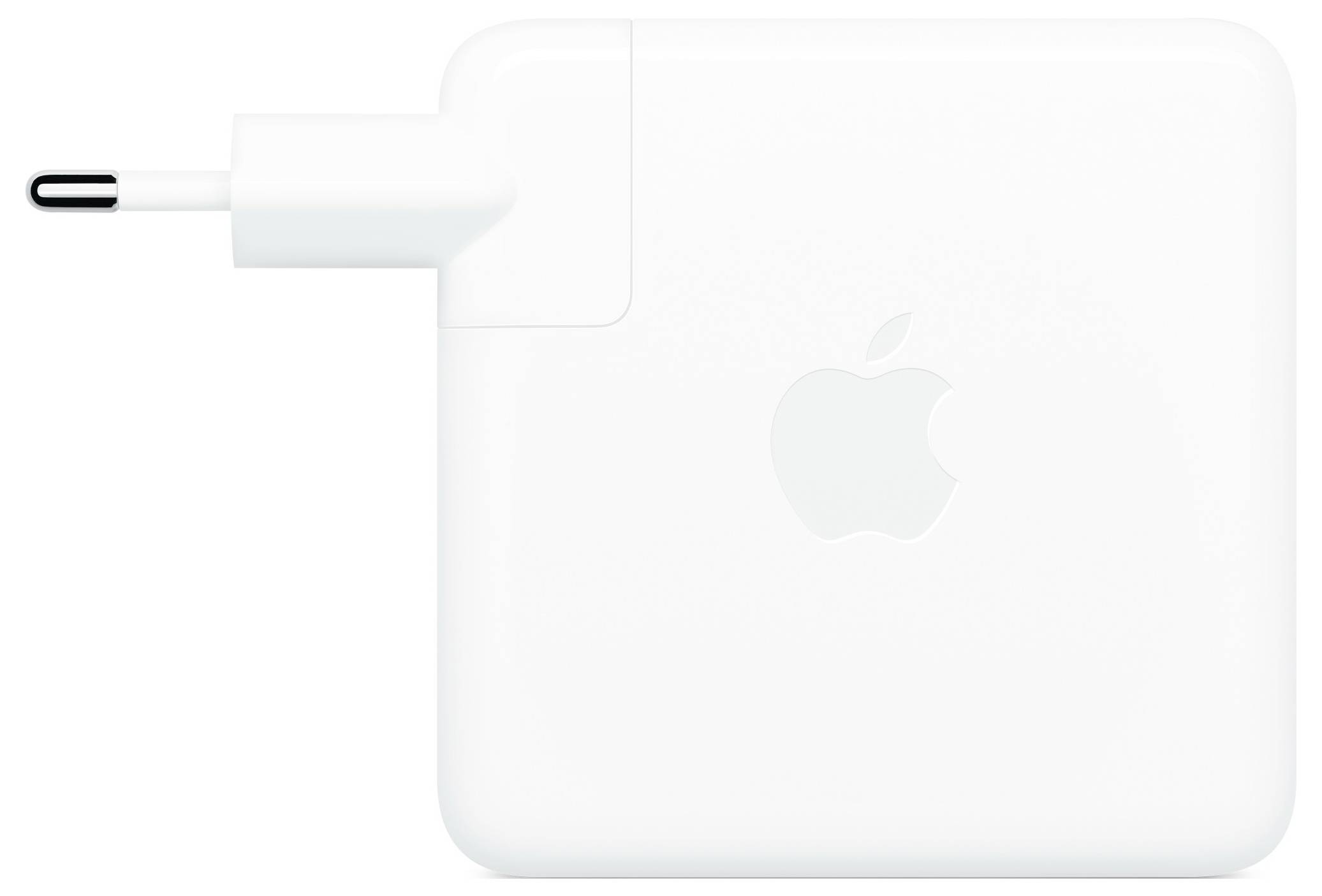 Chargeur avec un connecteur USB-C intégré et le logo Apple, principalement blanc.