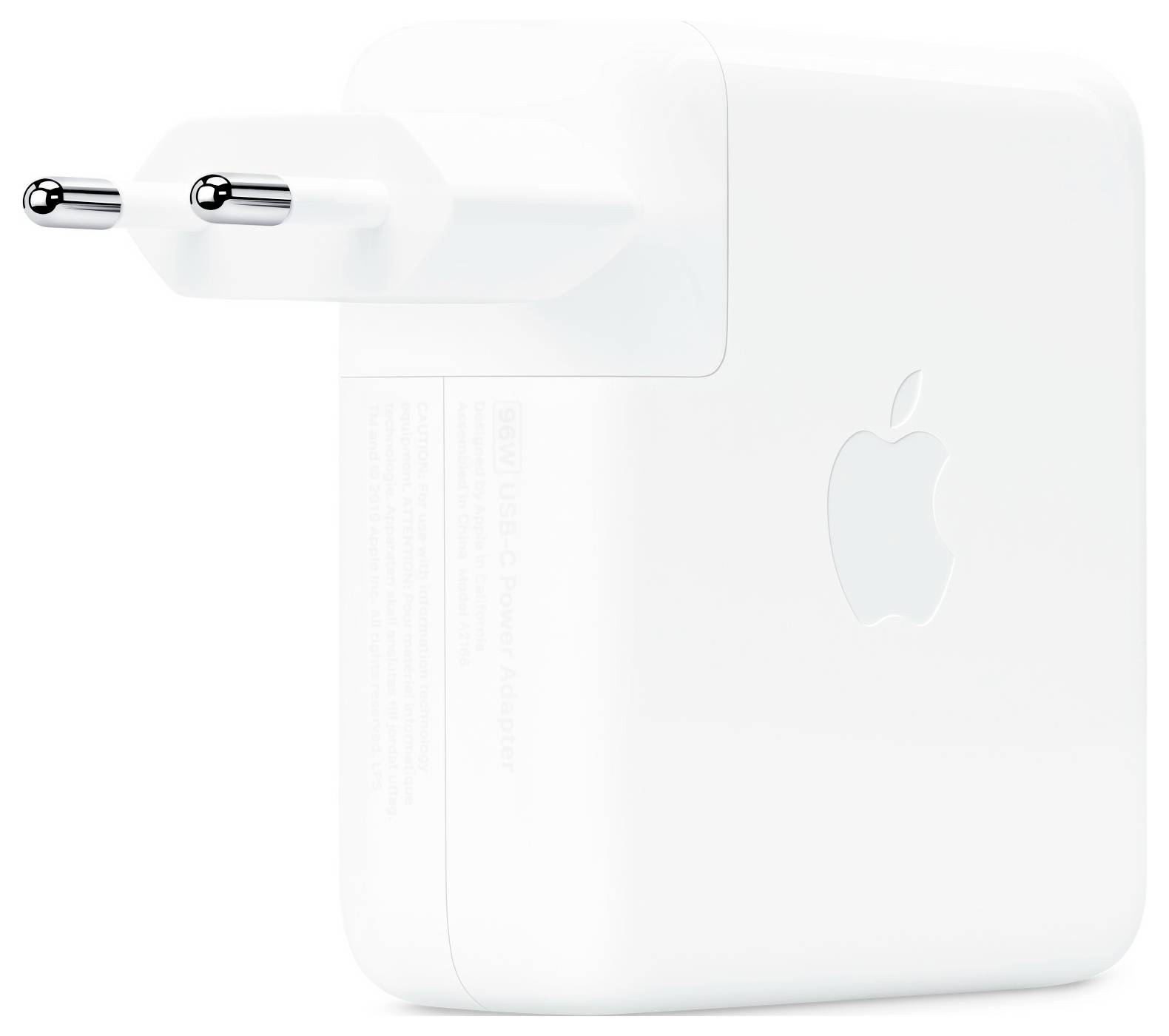 Chargeur blanc avec une prise européenne et le logo Apple sur le côté.