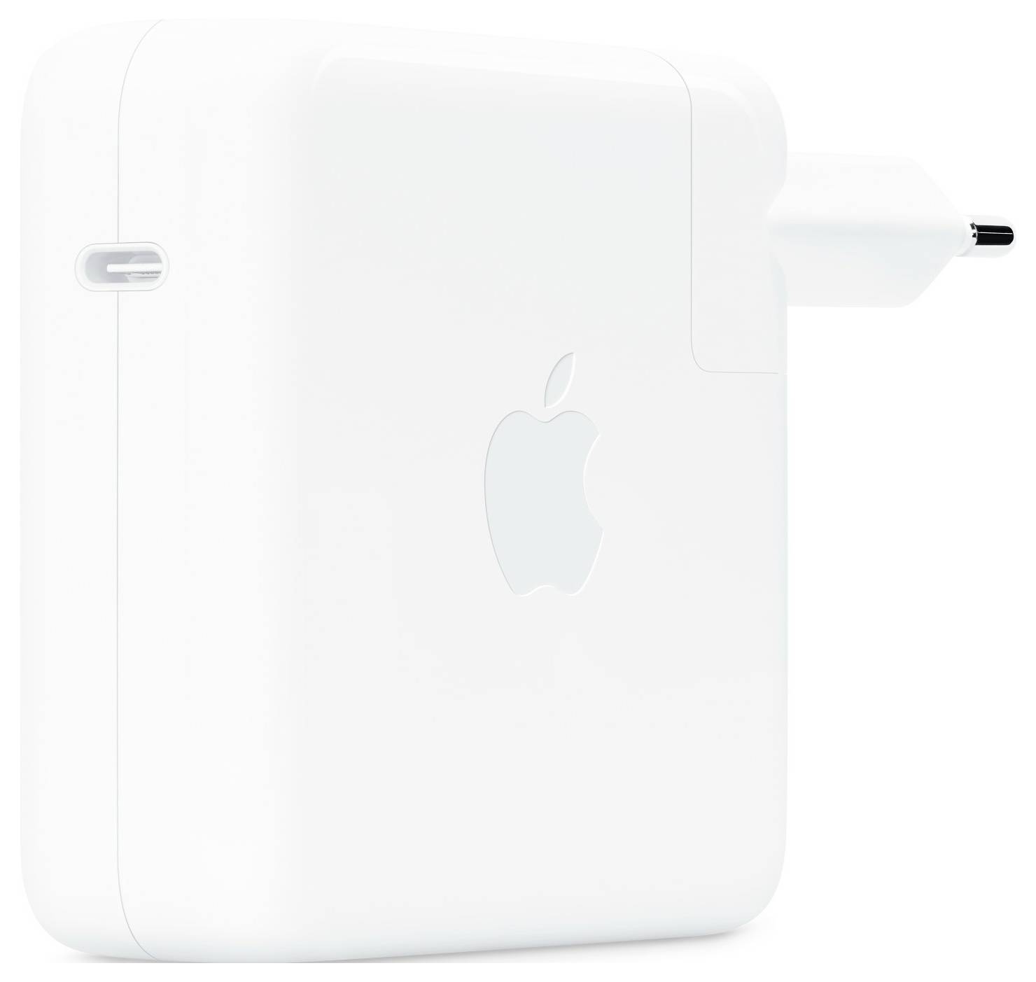 Un bloc d'alimentation blanc avec un logo Apple. Il dispose d'un connecteur sur le côté.