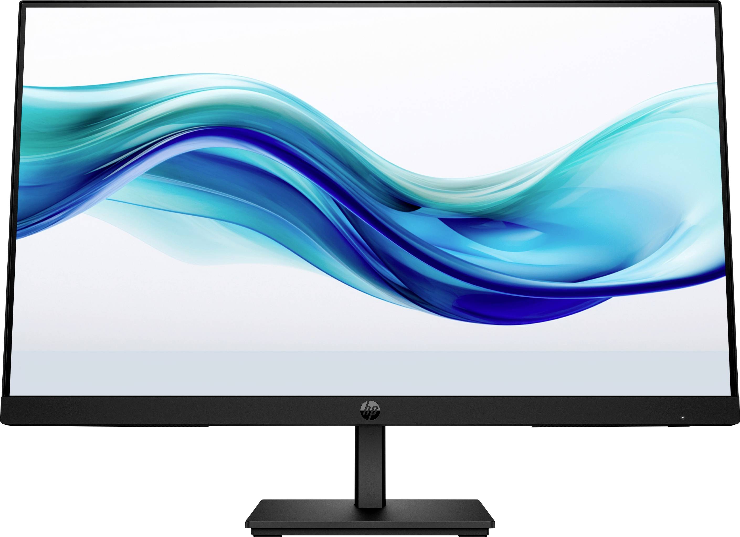 Un moniteur d'ordinateur moderne au design épuré affiche un motif de vagues abstraites bleues sur un fond blanc.