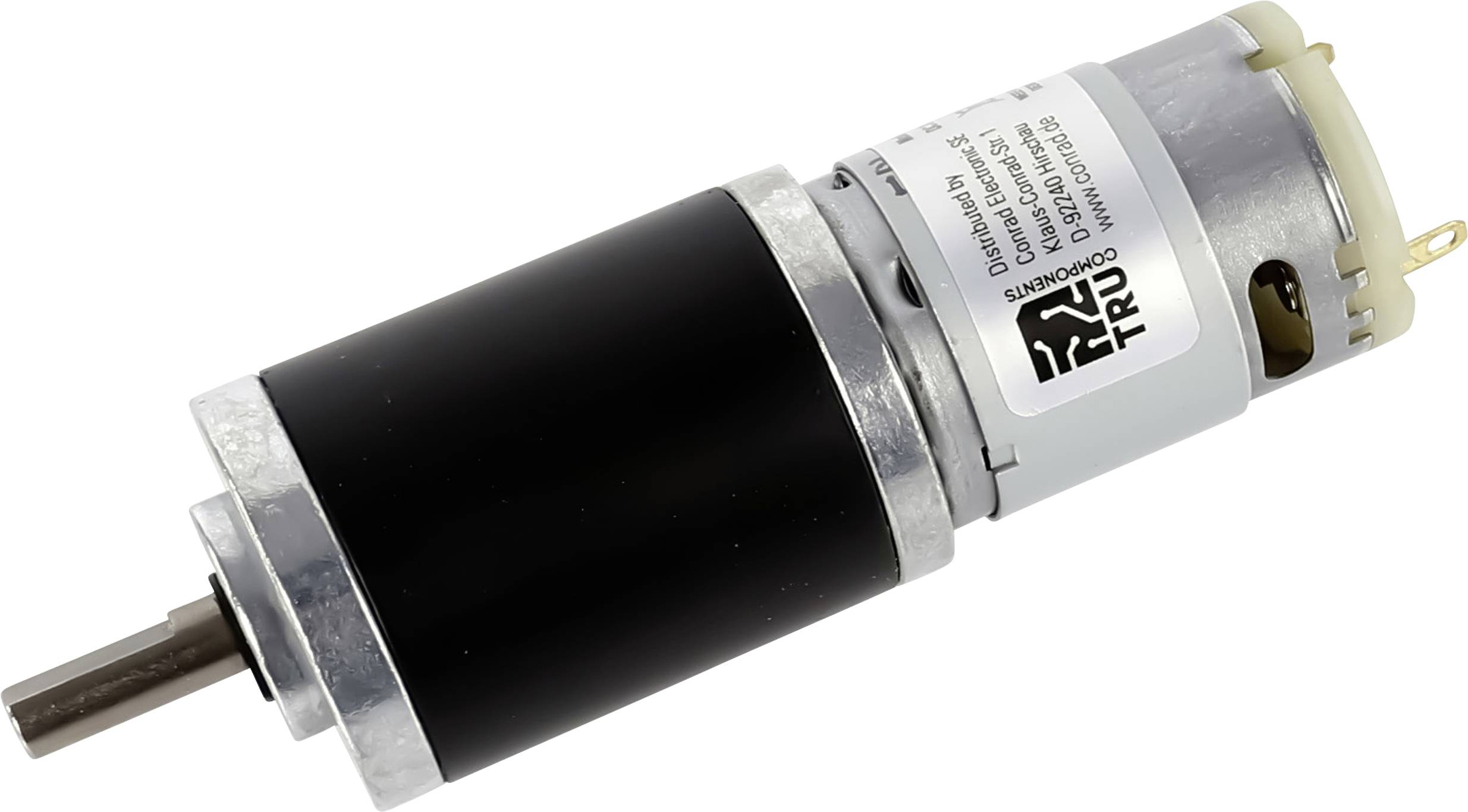 Un moteur électrique cylindrique avec un corps noir et des pièces métalliques, présentant des spécifications étiquetées. Utilisé dans des applications mécaniques.