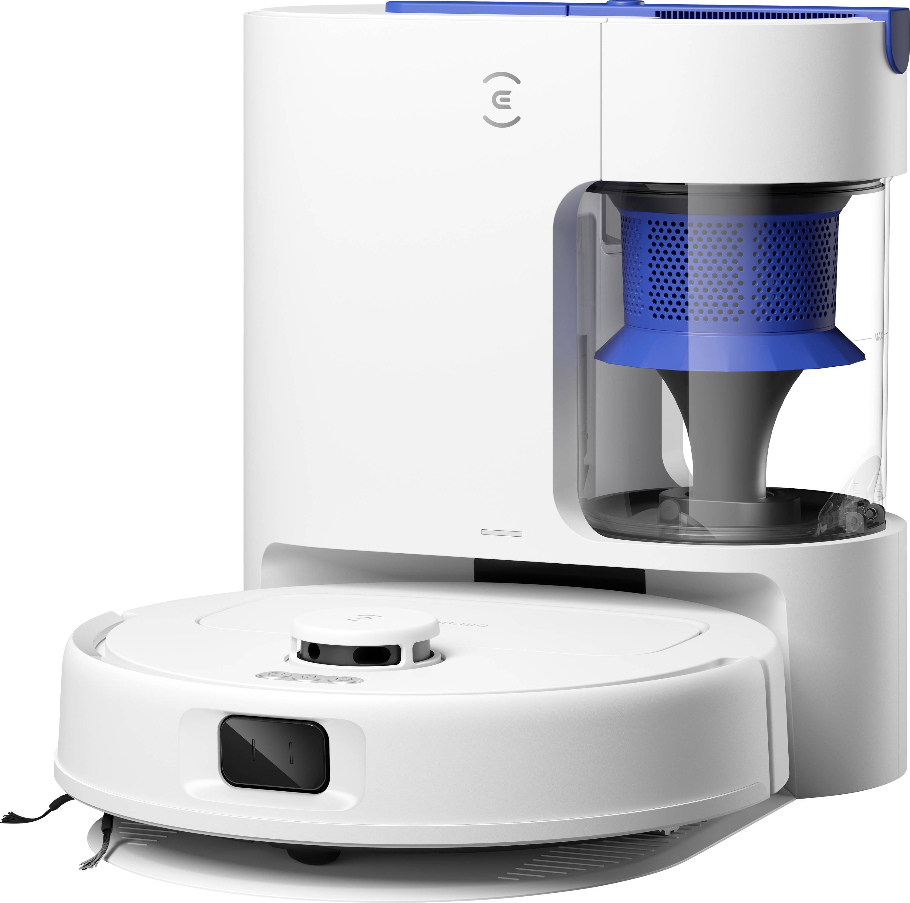 Un robot aspirateur blanc avec des touches bleues devant sa station de charge ; le robot a une forme ronde et une caméra sur le dessus.