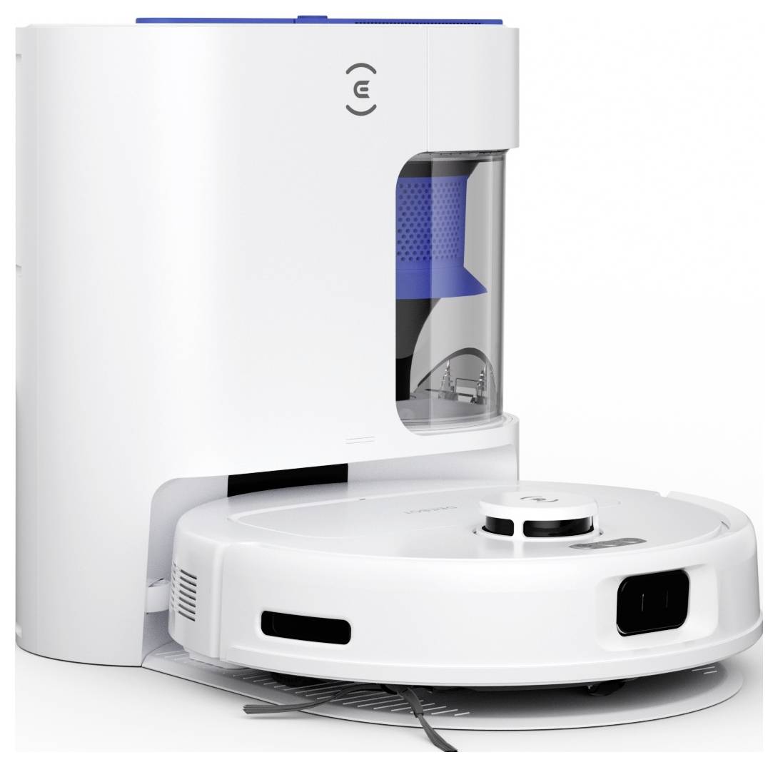 Aspirateur robot avec station de charge au design moderne et blanc. Nettoyage d'un sol par navigation automatique et collecte des poussières.