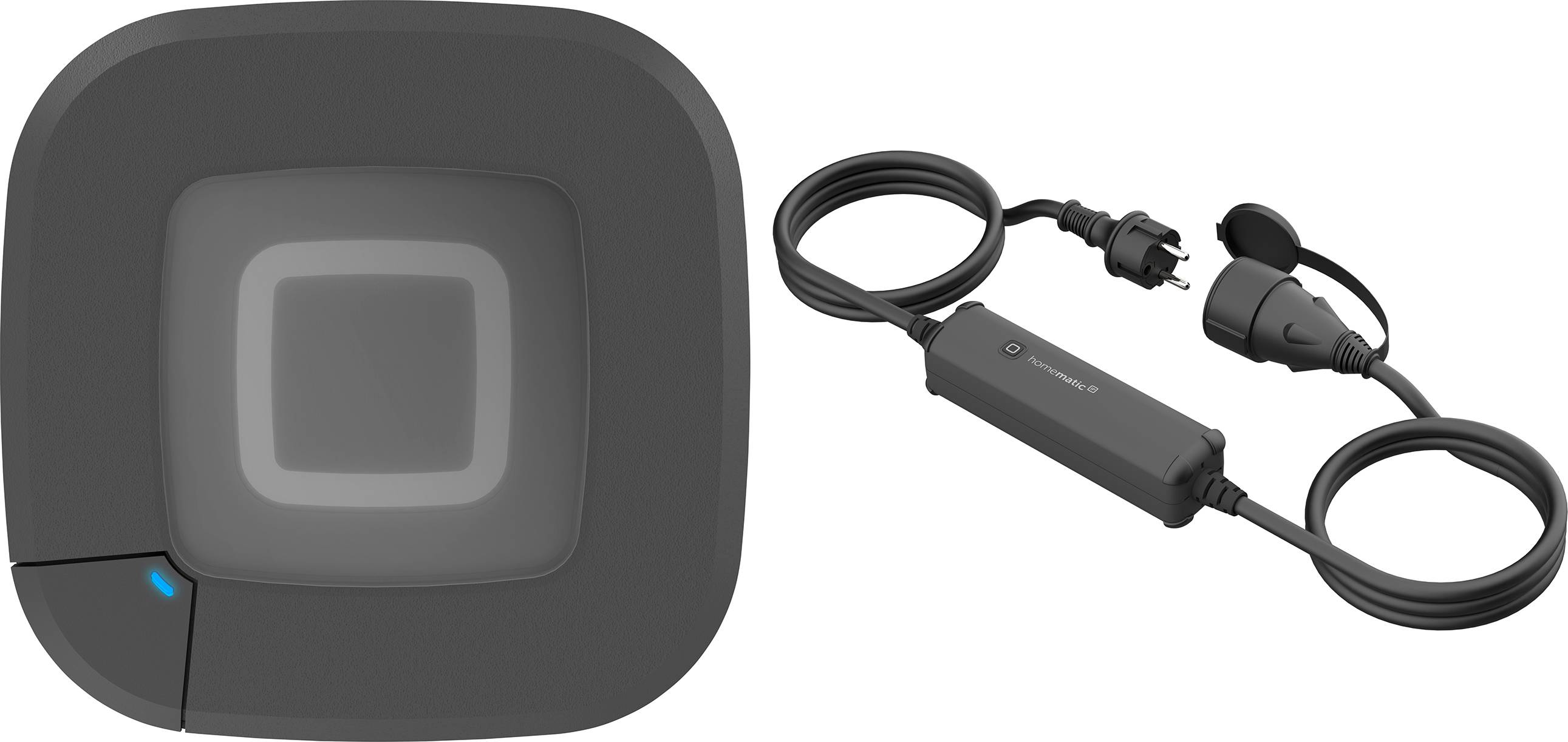 Une station de recharge pour véhicules électriques noire avec un design carré et un câble de charge visible avec des connecteurs.