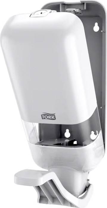 Un distributeur de savon blanc Tork fixé au mur. Il a une forme étroite et rectangulaire avec un levier en bas pour distribuer le savon.