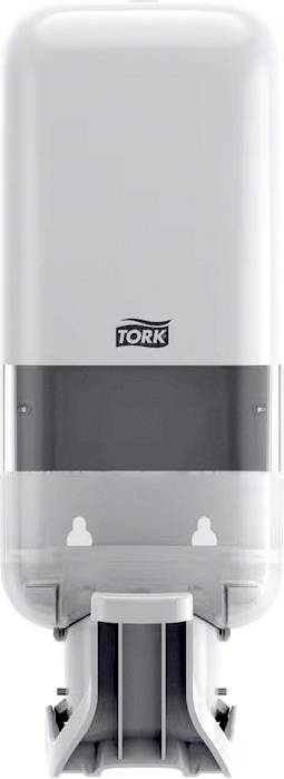 Distributeur de savon Tork en plastique, fixé au mur, de forme rectangulaire avec des coins arrondis, adapté pour le lavage hygiénique des mains.