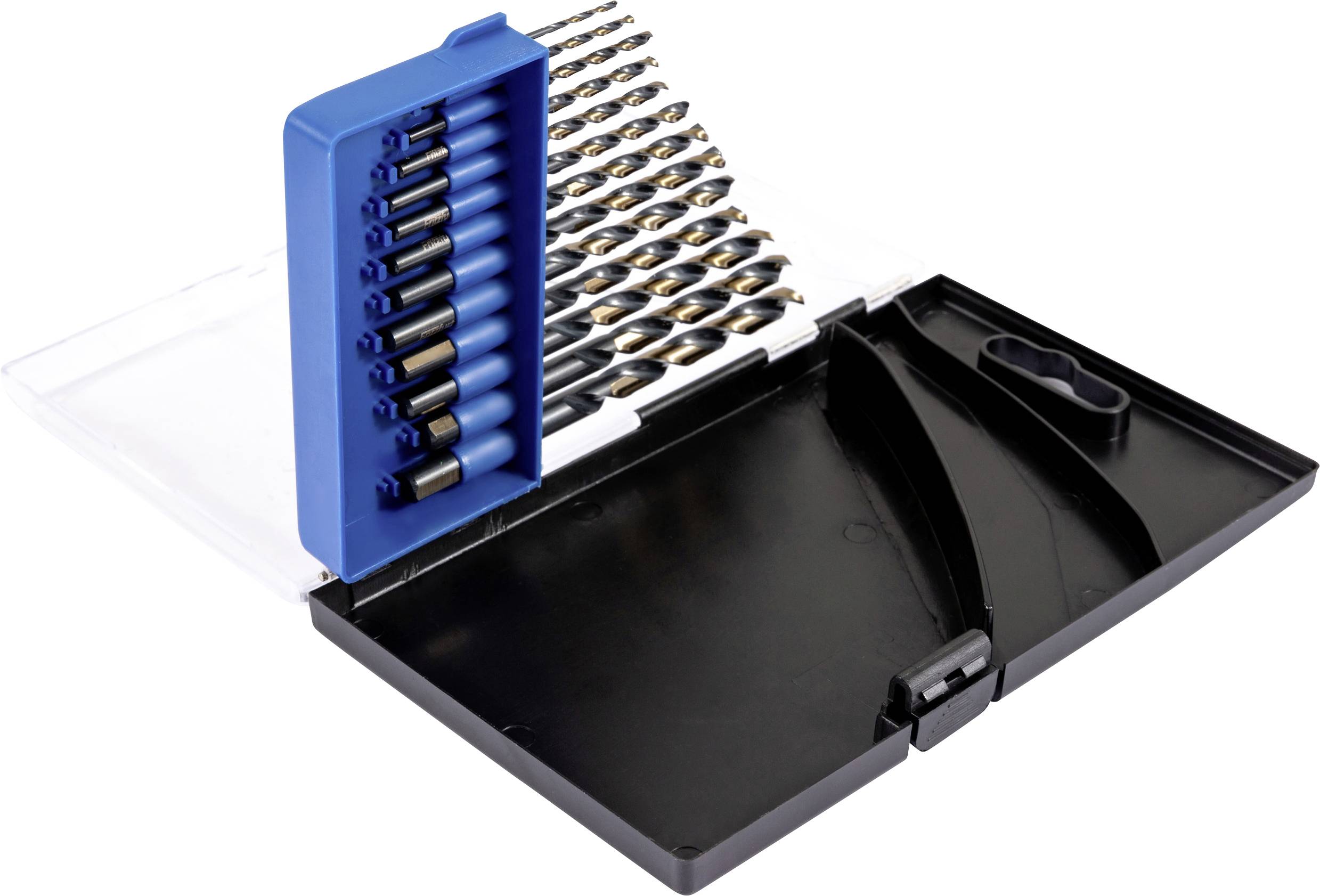 Un ensemble de forets de différentes tailles, soigneusement rangés dans un étui noir ouvert avec un support bleu, présentant la gamme complète des outils disponibles.