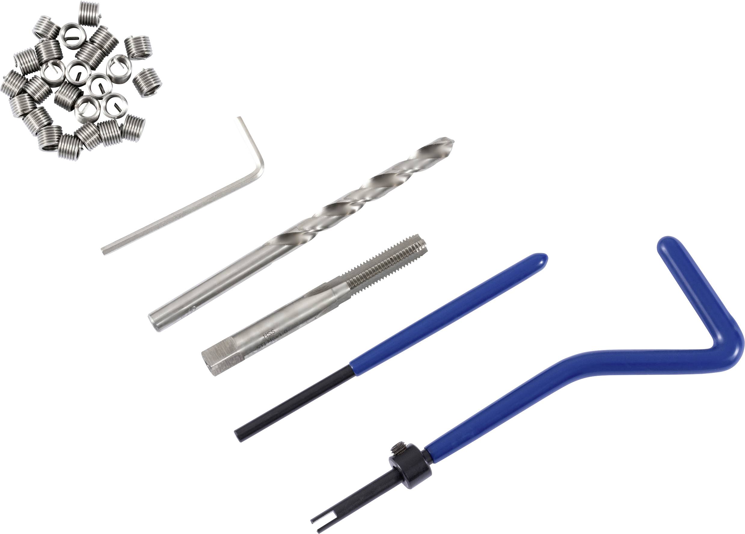 Kit de réparation de filet Helicoil avec insertions, mèche de foret, taraud et outils d'installation. Outils disposés sur un fond blanc.