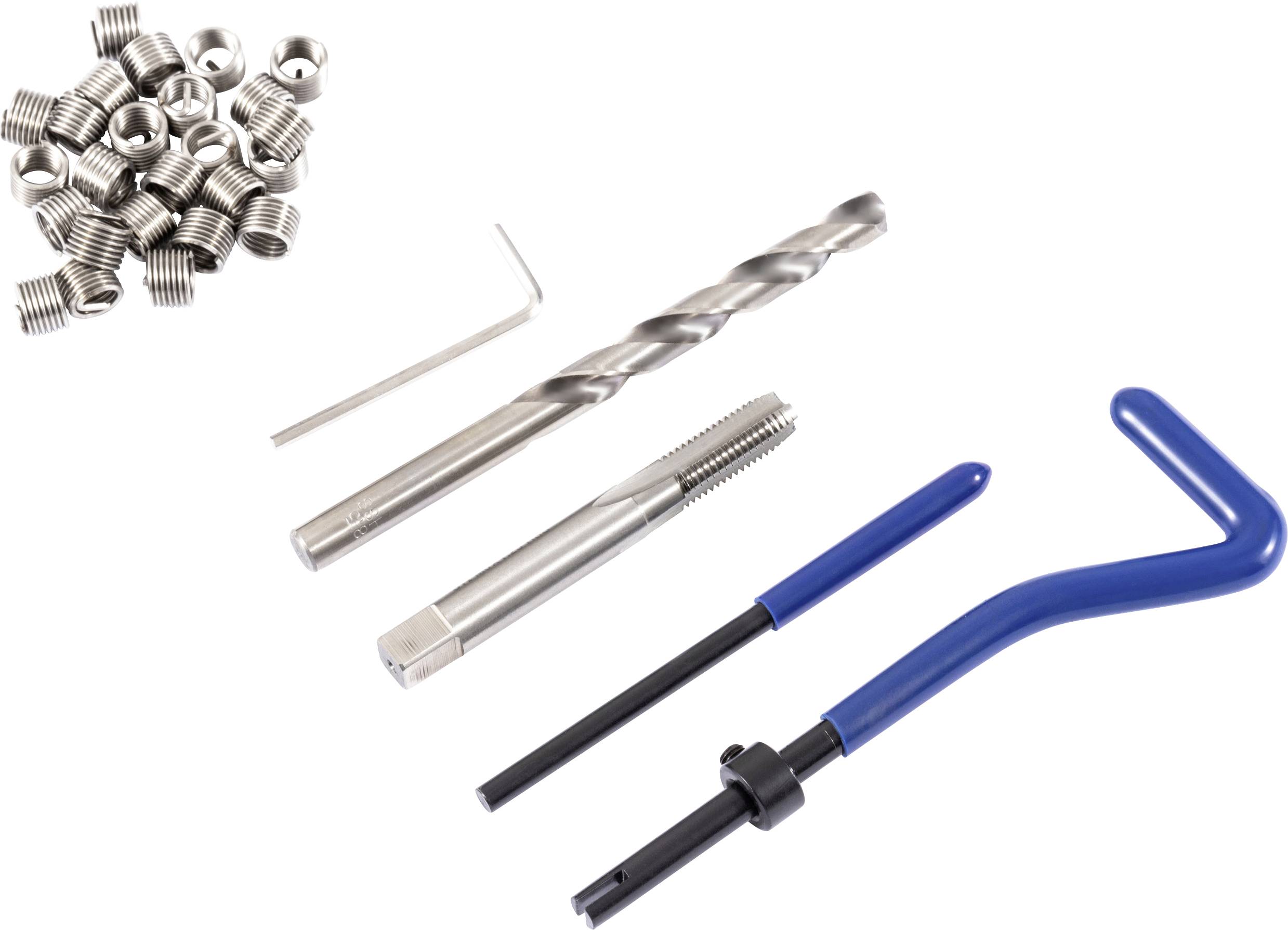 Un kit de réparation de filetage comprenant des inserts de bobinage, un foret, une clé hexagonale, un taraud et des outils d'installation disposés sur un fond blanc.