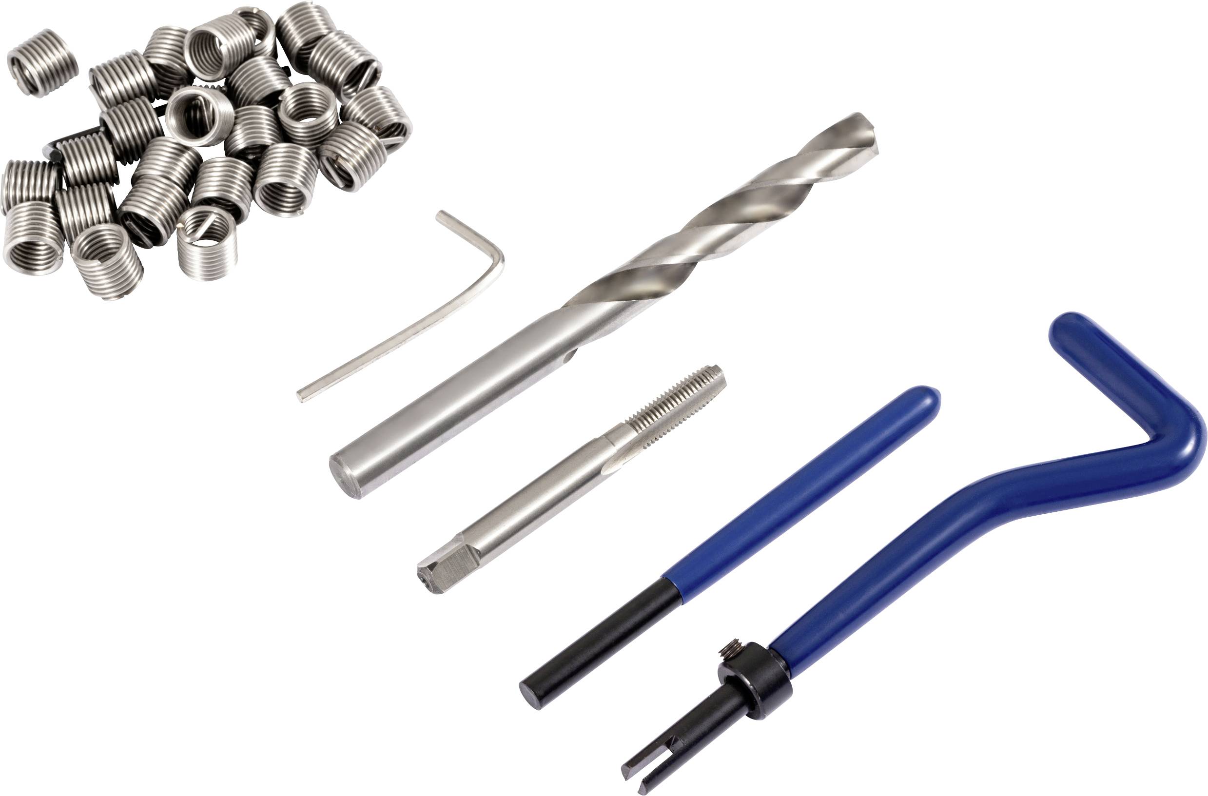 Un kit de réparation de filetage Helicoil comprenant des inserts, un foret, un taraud, un outil d'insertion et une clé hexagonale sur un fond blanc.