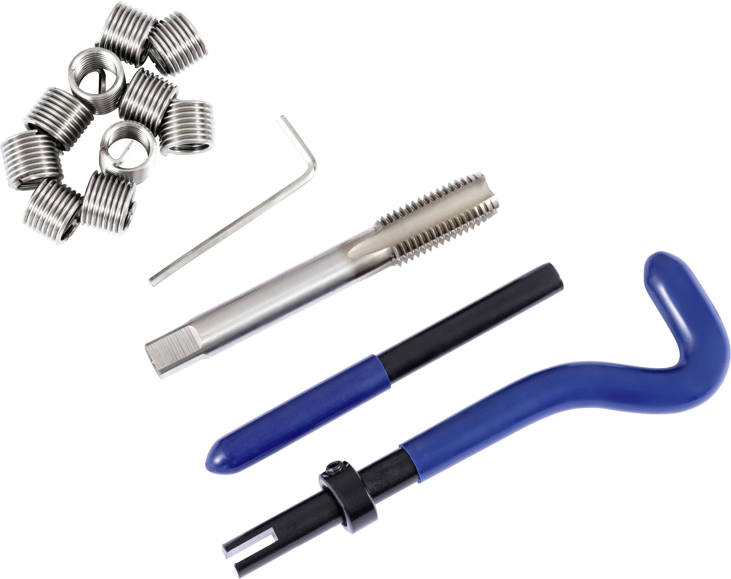 Un ensemble d'outils de réparation de filetage comprenant des inserts de vis, un outil d'insertion, un taraud et une clé, disposés sur une surface blanche.