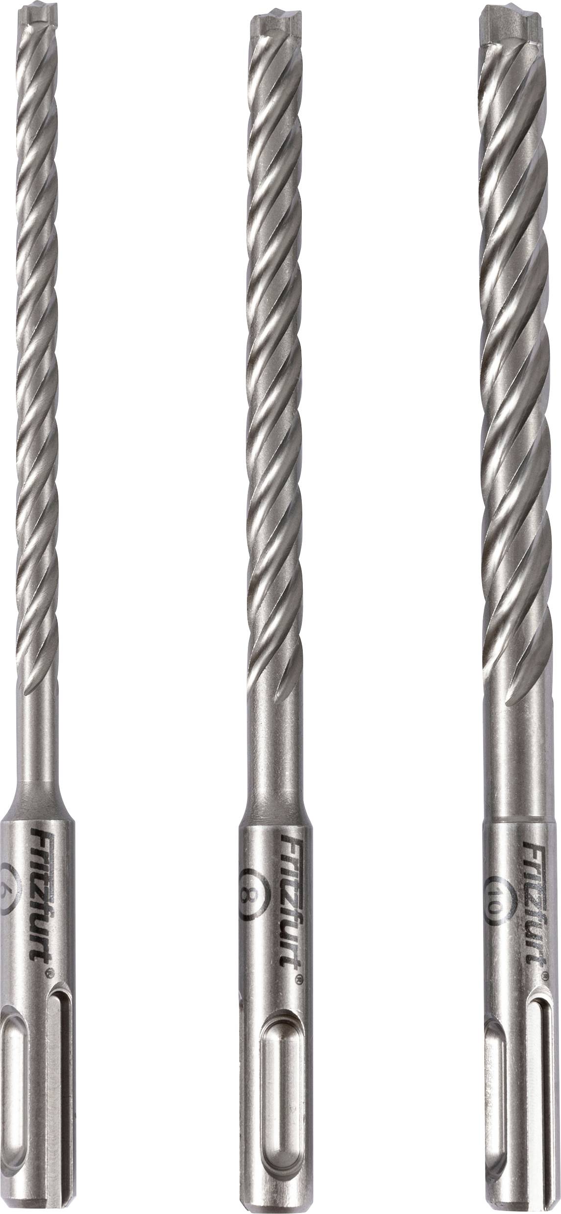 Trois mèches de perceuse en métal avec des rainures hélicoïdales, disposées verticalement côte à côte, sur un fond blanc uni.