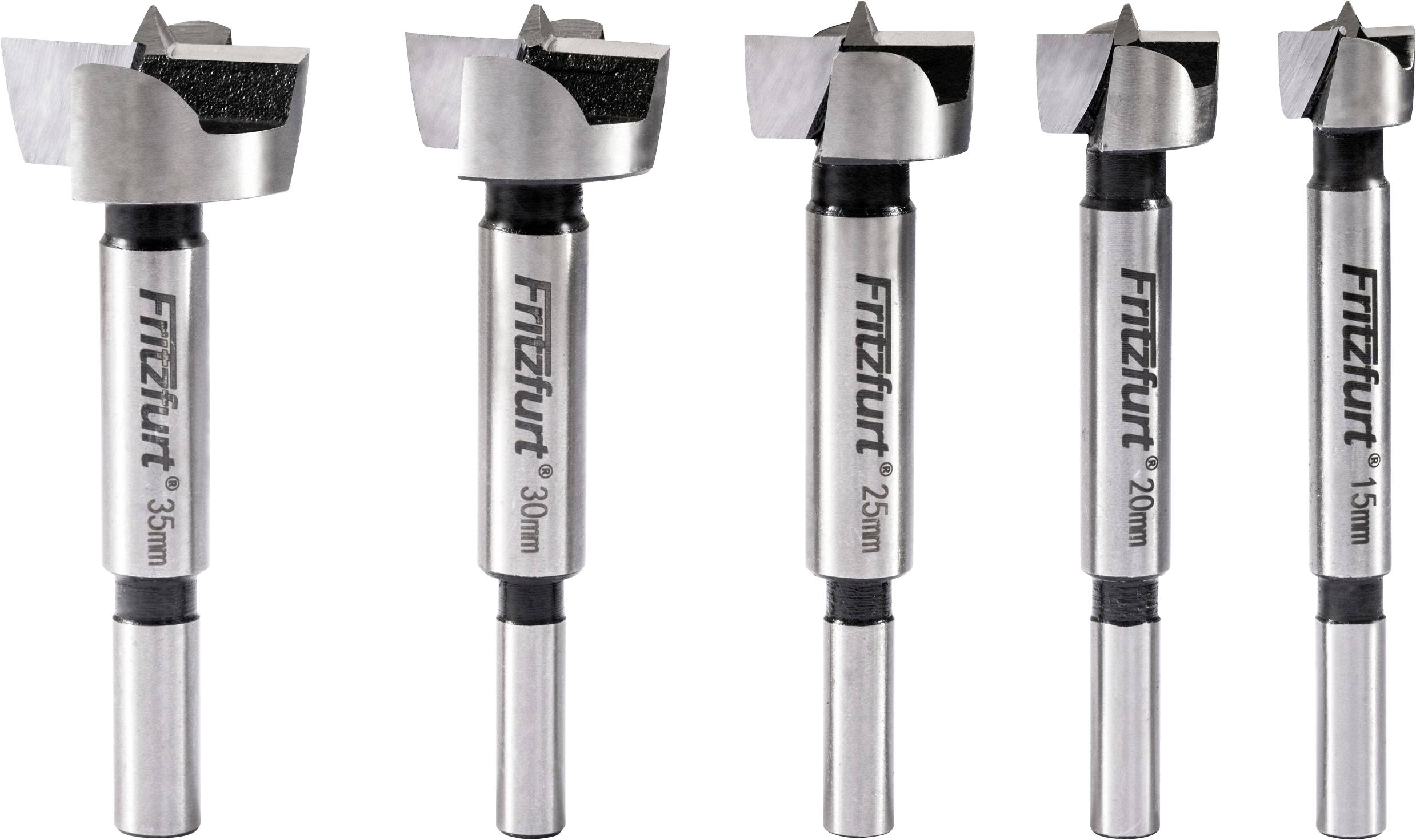 Cinq forets étiquetés 'Fritzfurt' de dimensions 35 mm, 30 mm, 25 mm, 20 mm et 15 mm.