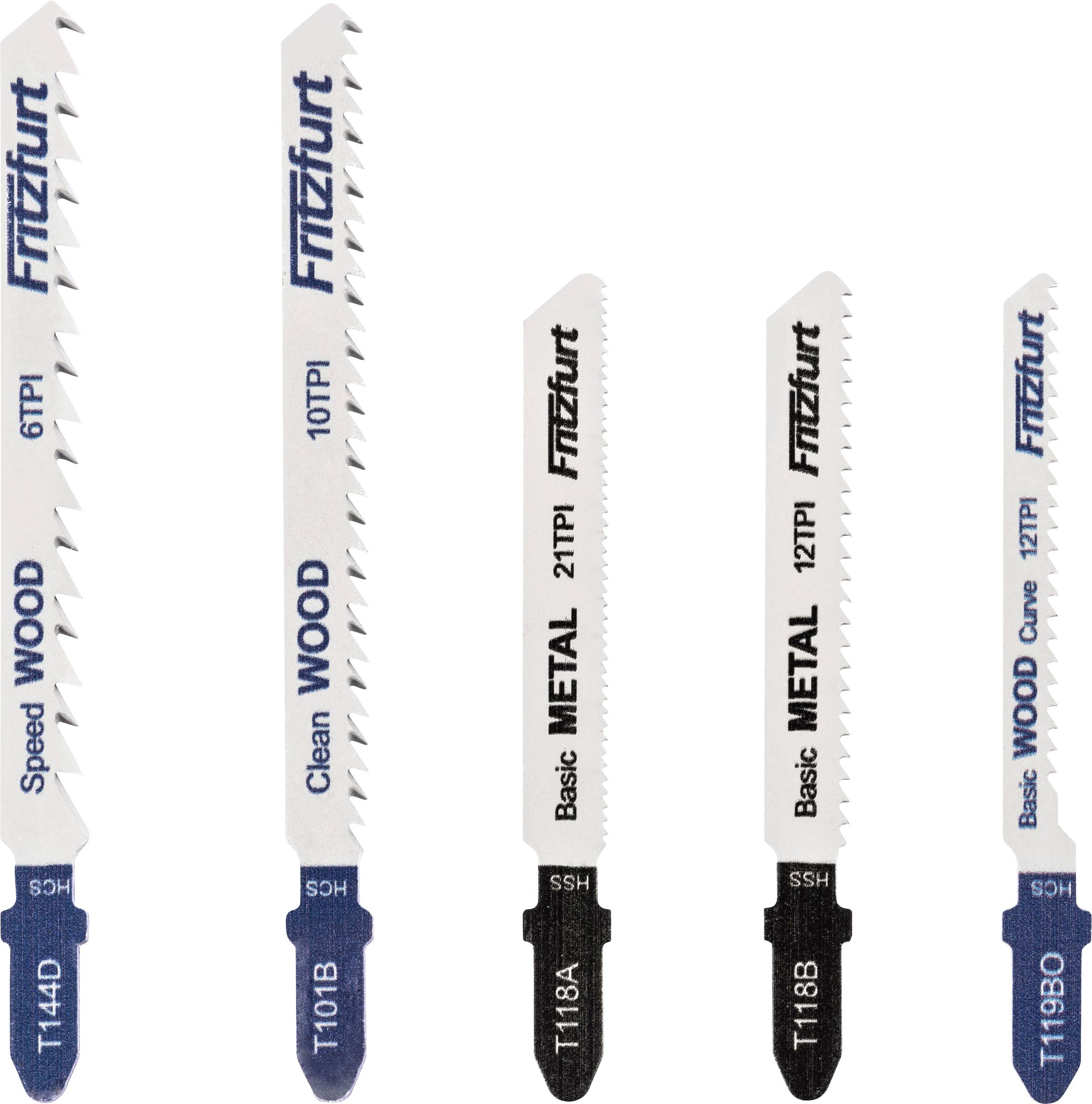 Lames de scie étiquetées pour bois et métal, avec différents TPI : T144D Speed Wood 6TPI, T101B Clean Wood 10TPI, T118A, T118B Basic Metal 21TPI, 12TPI, T313C Wood Curve 12TPI.