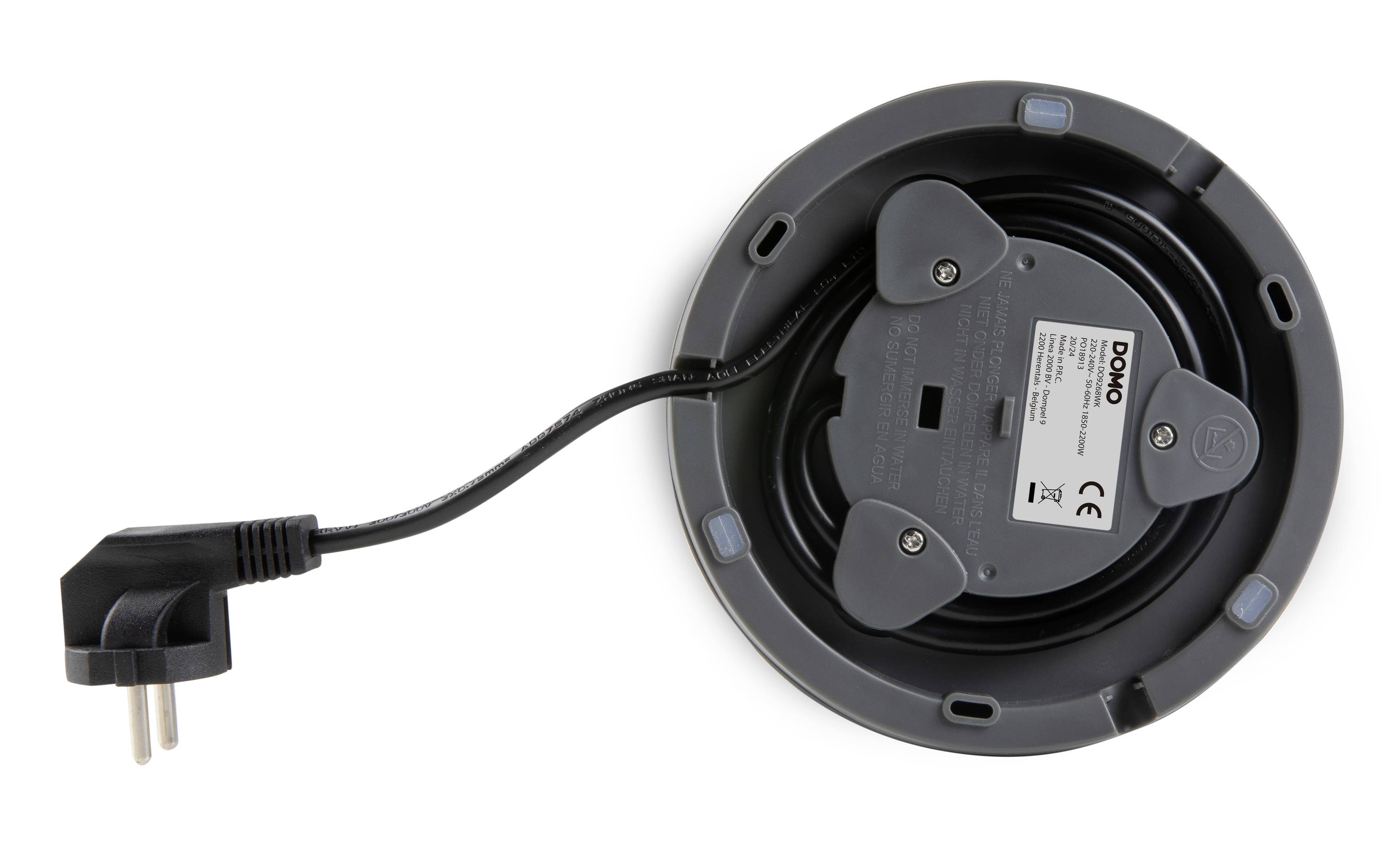 Le socle d'un appareil électrique avec un câble d'alimentation amovible. L'étiquette affiche des détails techniques et des certifications.