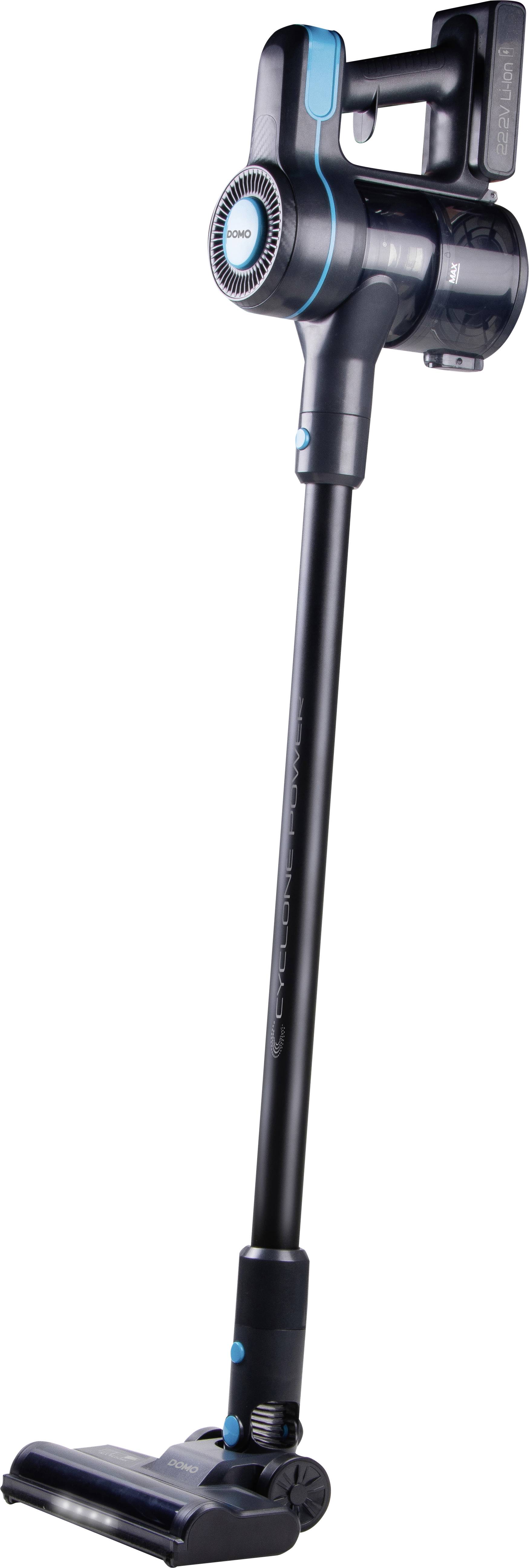 Un aspirateur sans fil noir avec des touches bleues. Il présente un design élégant avec un tube long et une large tête de nettoyage.