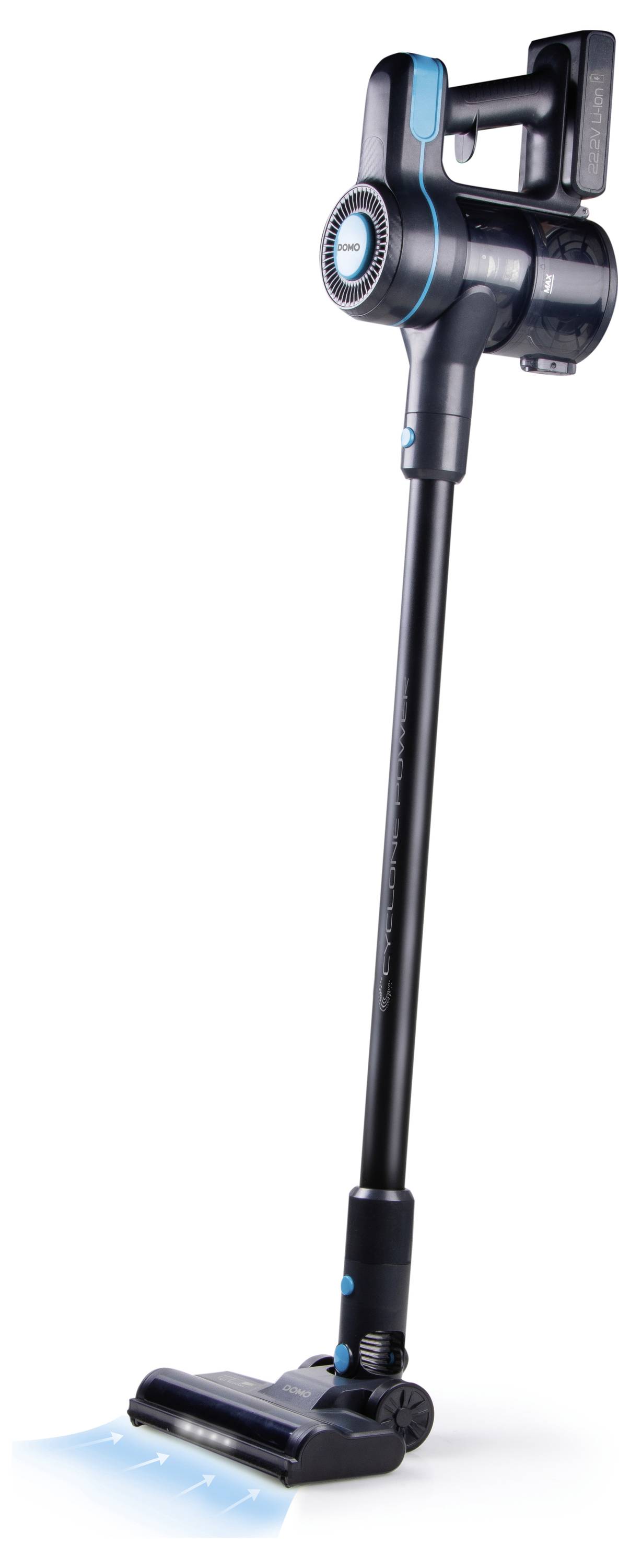 Aspirateur sans fil noir avec des touches bleues. Design en bâton avec buse motorisée pour un nettoyage facile.