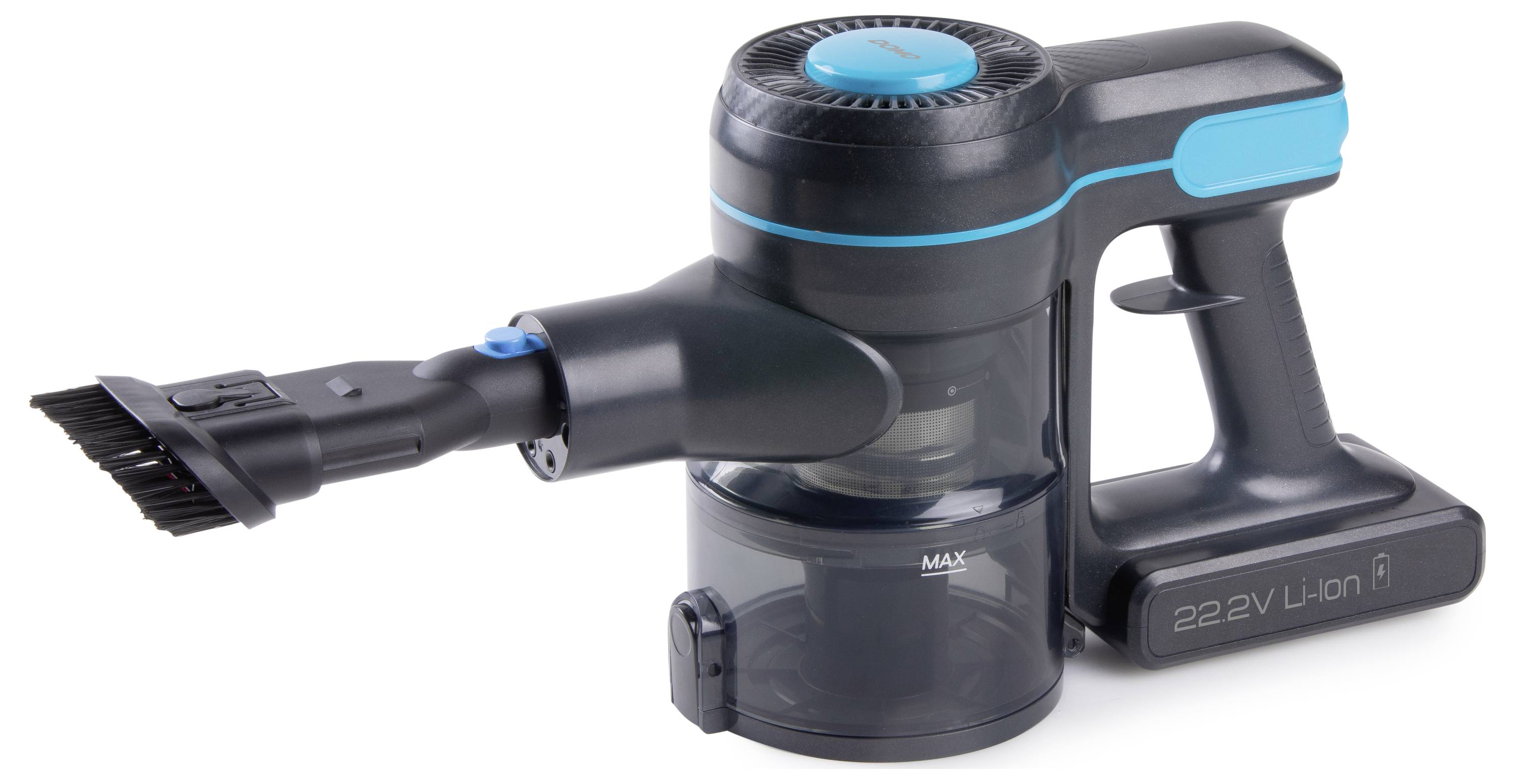 Un aspirateur à main sans fil avec accessoire brosse, au boîtier noir et aux accents bleus, présenté sur un fond blanc.
