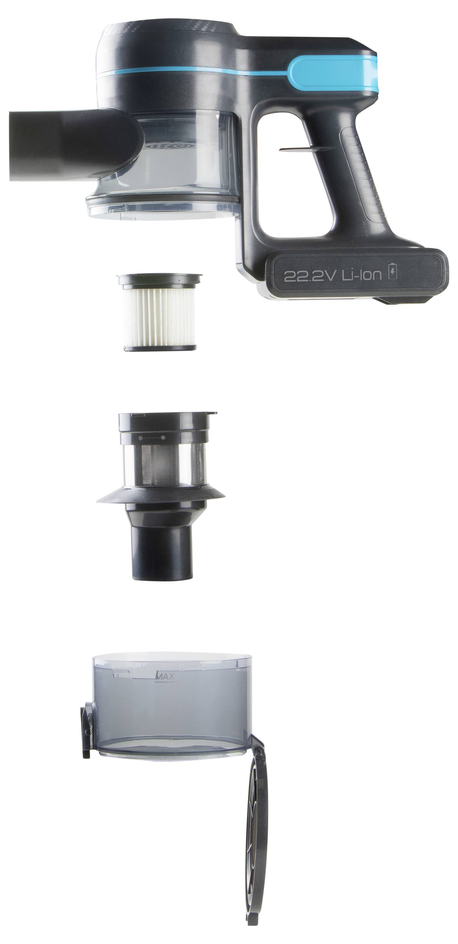 Aspirateur sans fil : Vue de face du moteur, du filtre et du réservoir à poussière, présentés séparément. Batterie Li-Ion 22,2 V.