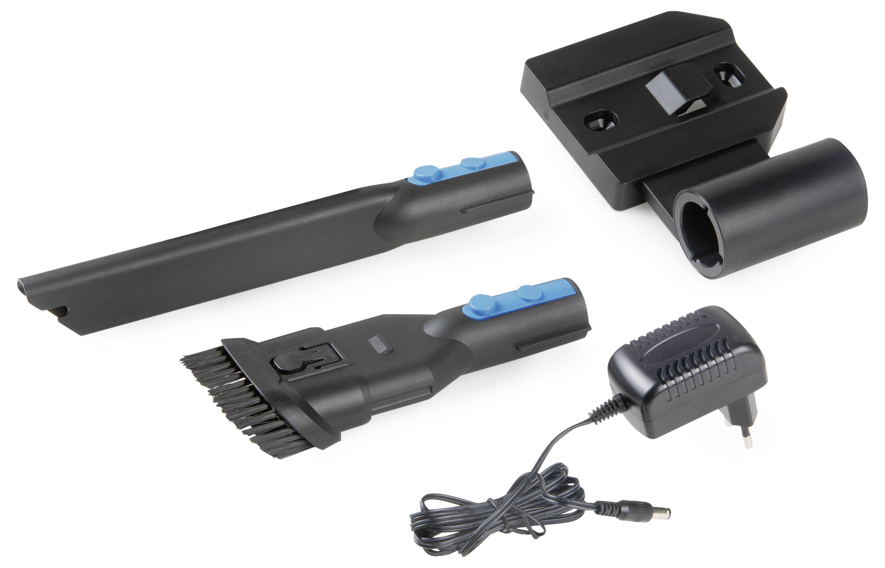 Ensemble d'accessoires pour aspirateur avec câble de charge, deux buses et un support. Convient au nettoyage des endroits difficiles d'accès.